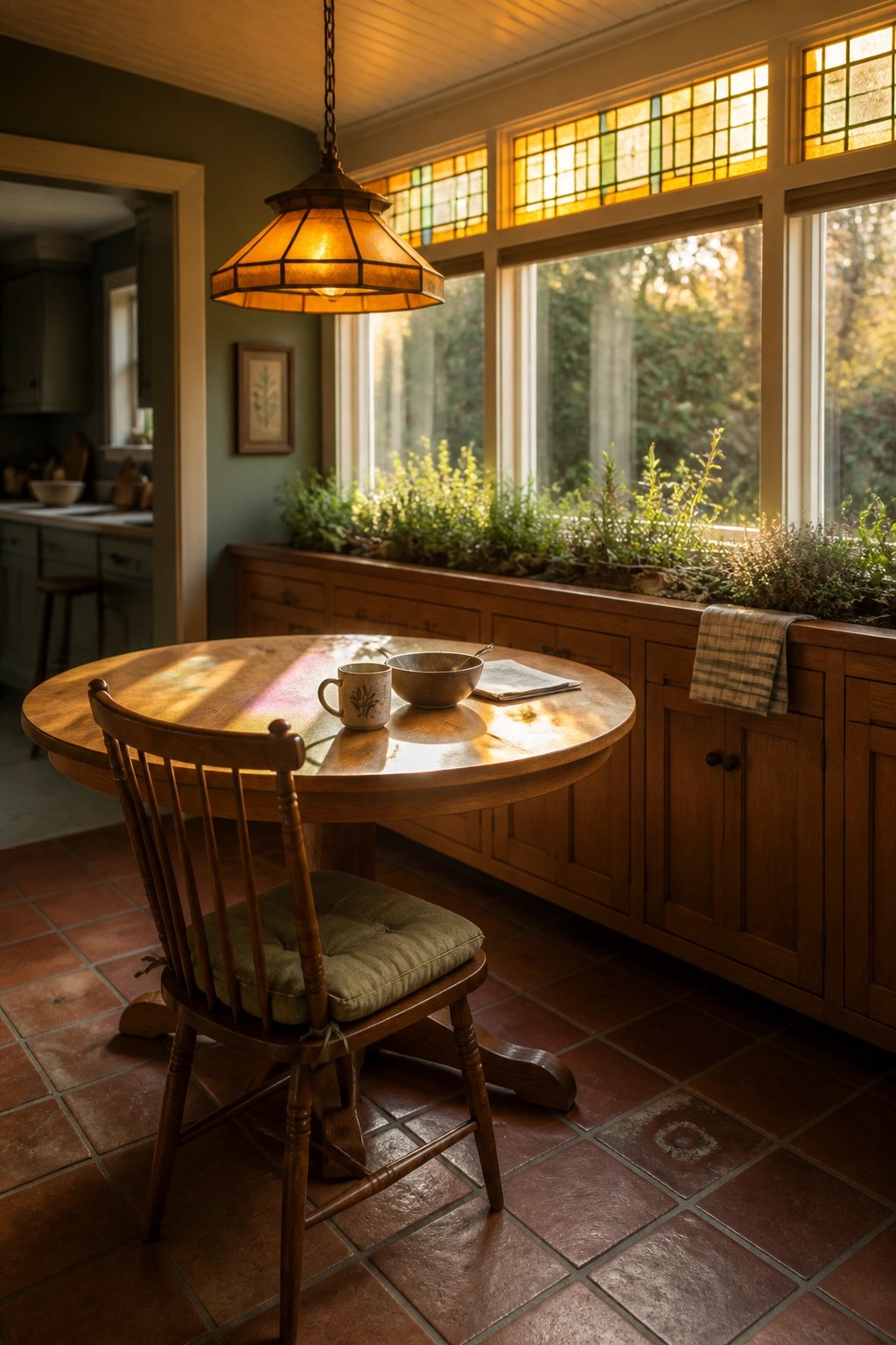 A round wooden dining table with one wooden chair sits on terracotta tile in front of a long built-in wooden cabinet beneath large windows topped with stained glass, with a planter box of greenery running along the windowsill.