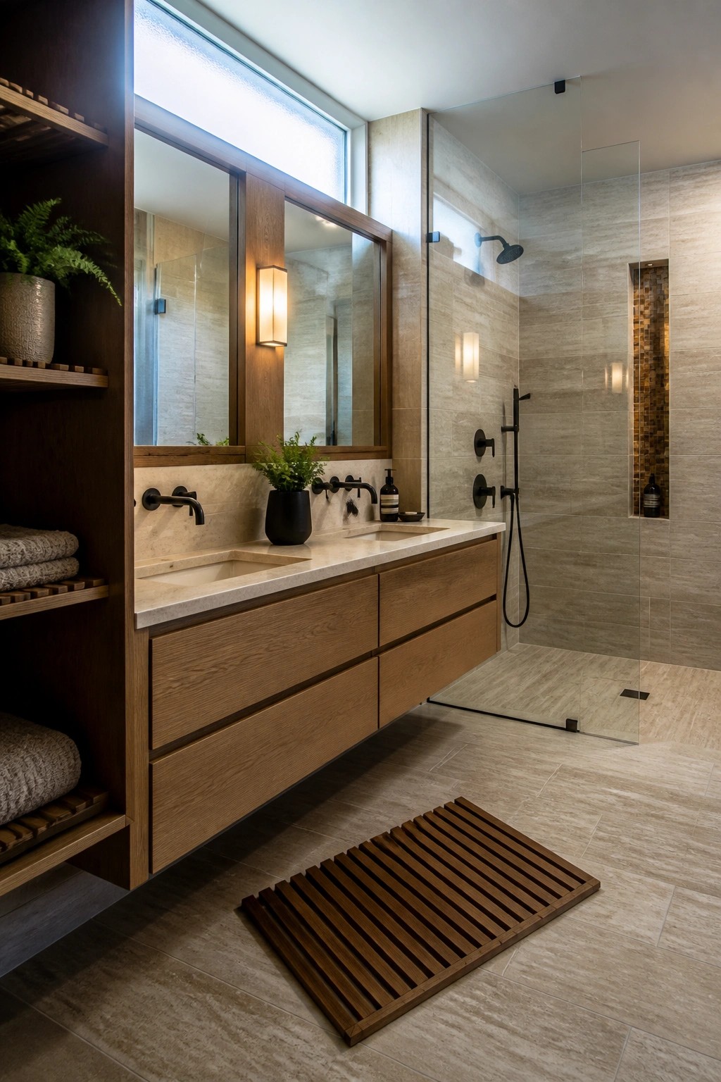 A bathroom interior with a long floating wood vanity, dual sinks, large mirrors, open shelving holding towels and plants, and an adjacent glass shower with stone tile.