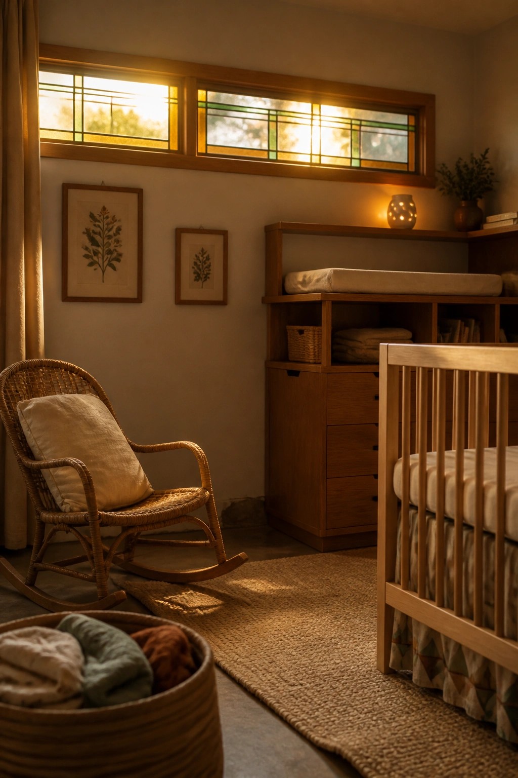 Cozy nursery with wooden crib, wicker rocking chair, and sunlit stained glass window.