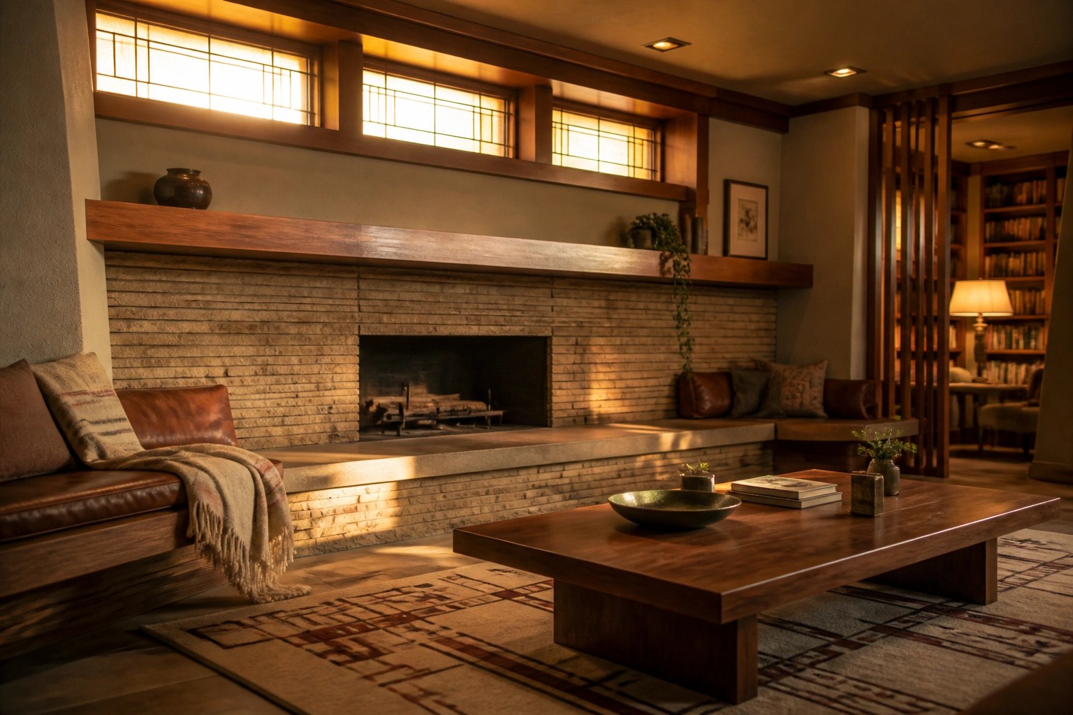 A living room with a large stone fireplace, built-in leather seating on both sides, a long wooden shelf above the hearth, and stained glass clerestory windows.