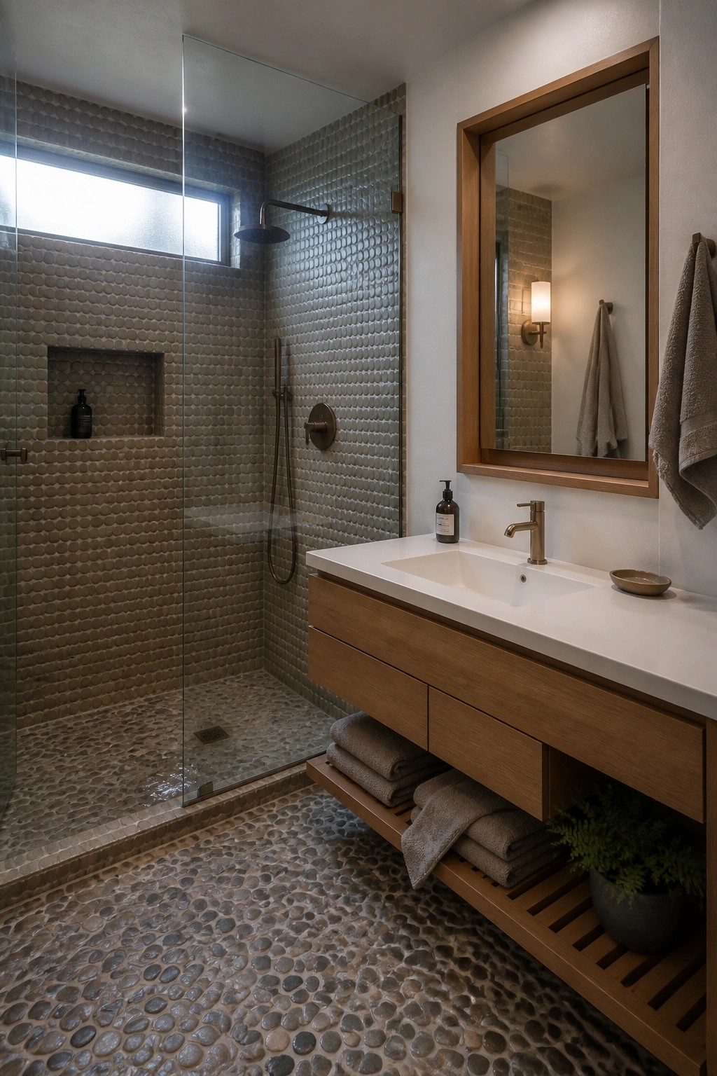 A bathroom with pebble tile on the shower floor and walls, a wood vanity with white countertop, and a large mirror above the sink.