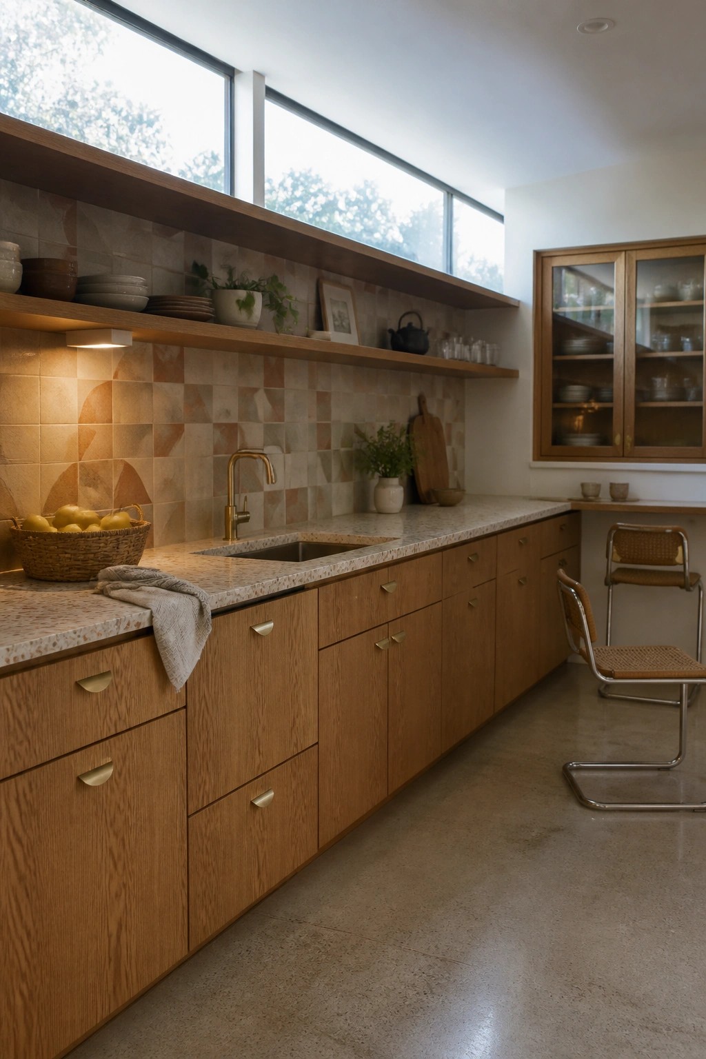 A kitchen interior with a long run of light wood cabinets, speckled stone countertop, open wooden shelves above, brass faucet, and large windows.