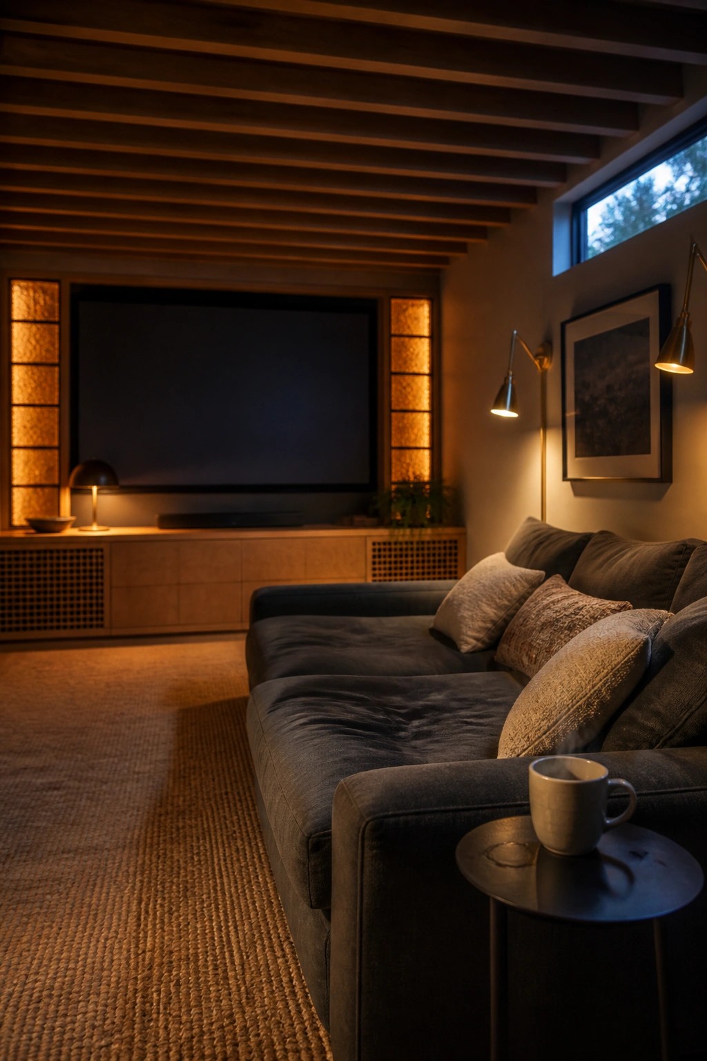 A living room at dusk with a dark sectional sofa facing a large television, flanked by vertical warm-lit panels, a wood slat ceiling, and a small side table holding a mug.