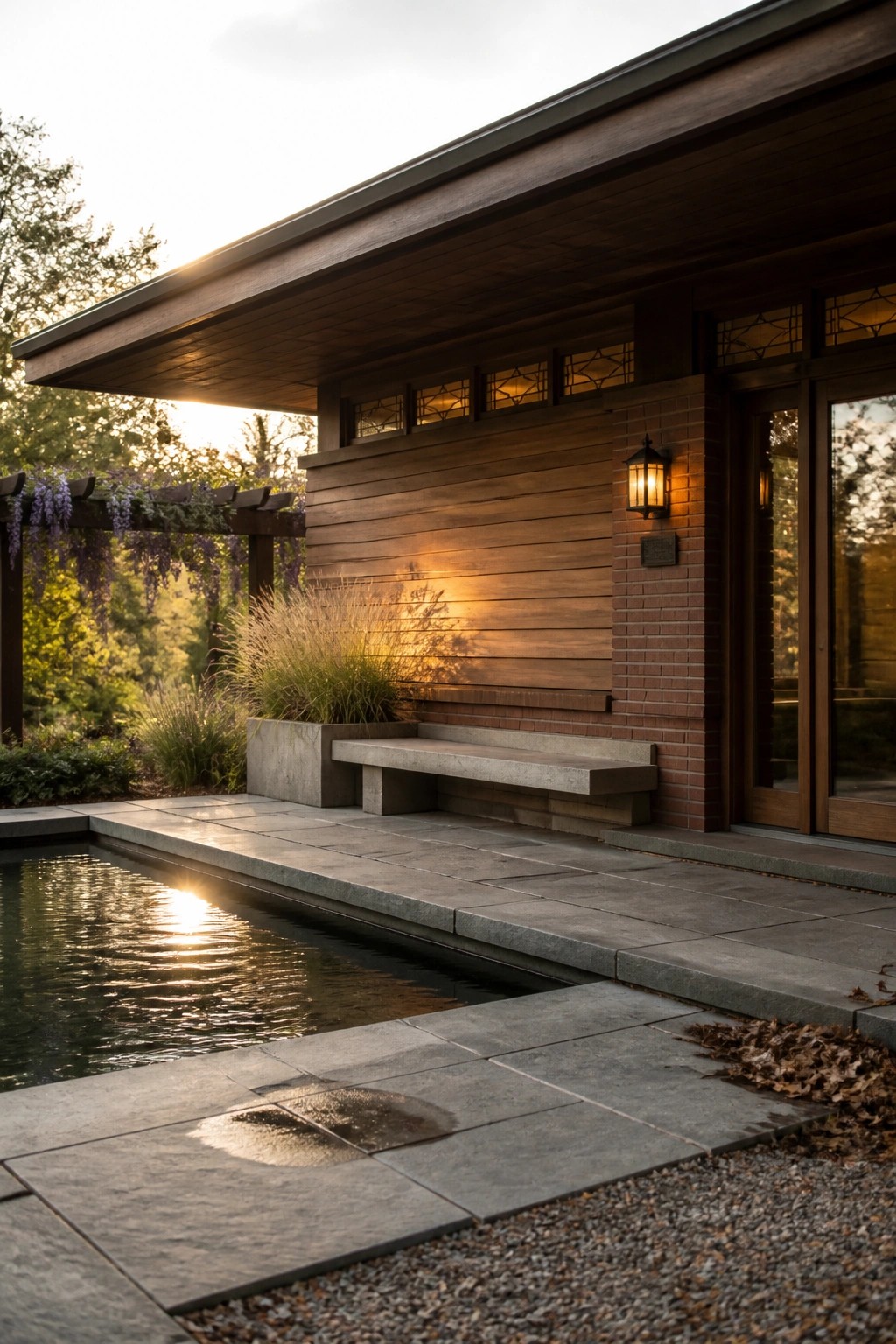 A house exterior with wood siding and brick, a built-in concrete bench, and a stone patio next to a reflecting pool.