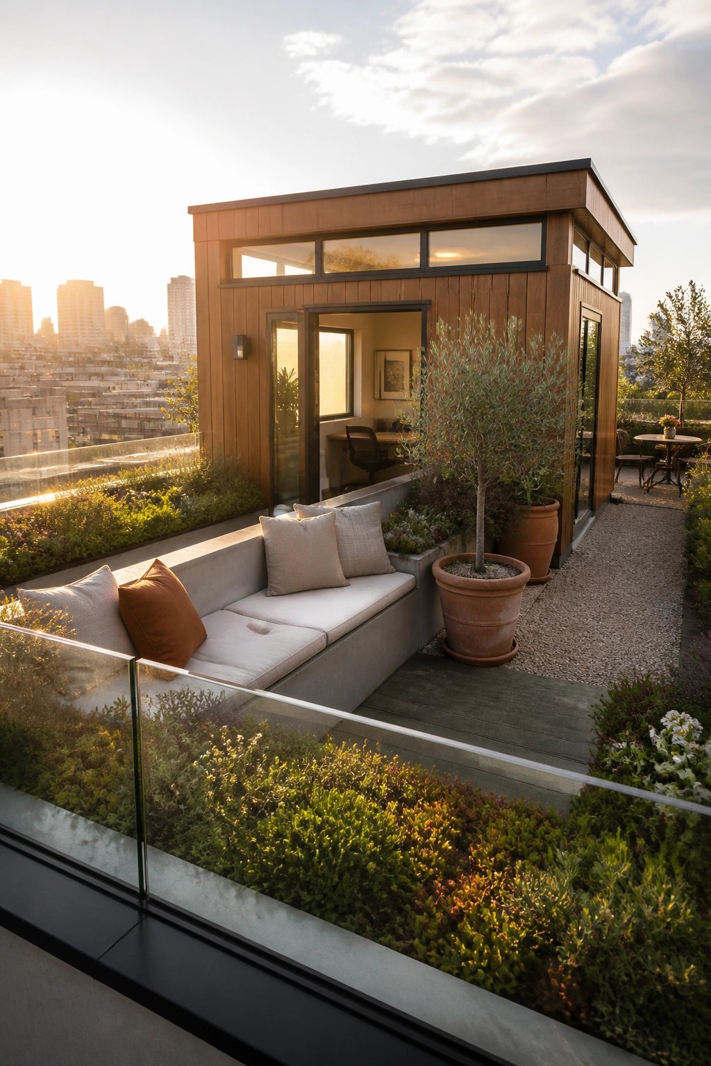 A small wooden building on a rooftop terrace features a long built-in concrete bench with cushions, potted trees, and gravel paths, overlooking a city skyline at sunset.