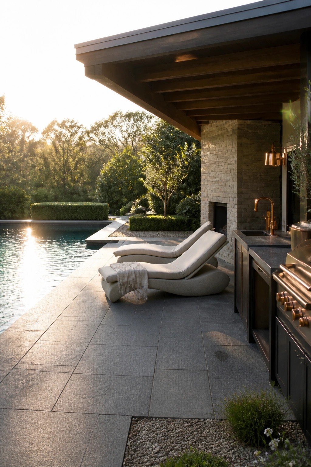 Modern outdoor patio with two lounge chairs on stone pavers next to a pool, featuring a built-in kitchen with dark cabinets, brass fixtures, and a stone chimney wall.