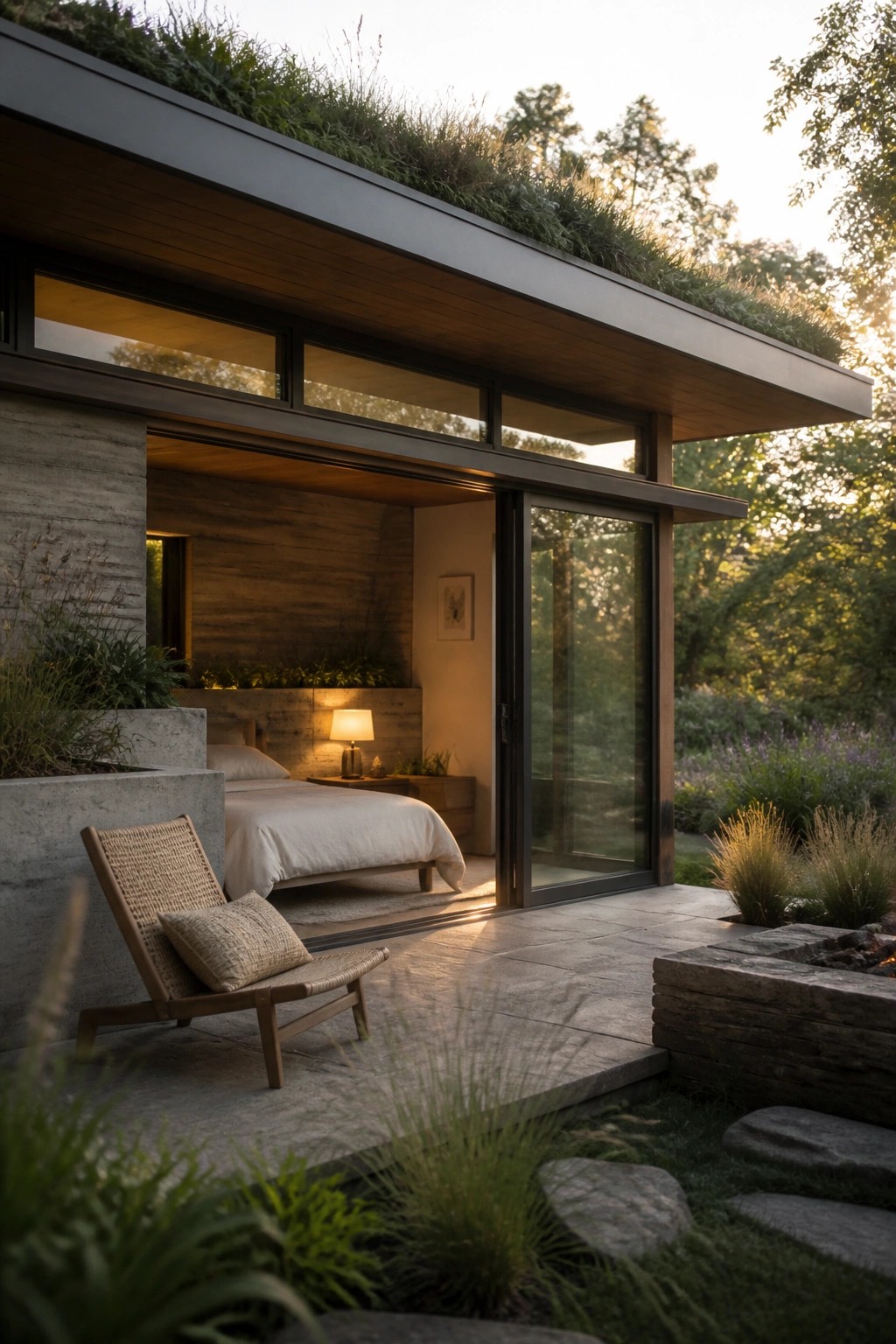 A modern home bedroom with white bedding visible through open sliding glass doors, a woven chair on the adjacent stone patio, and a stone fire pit nearby.