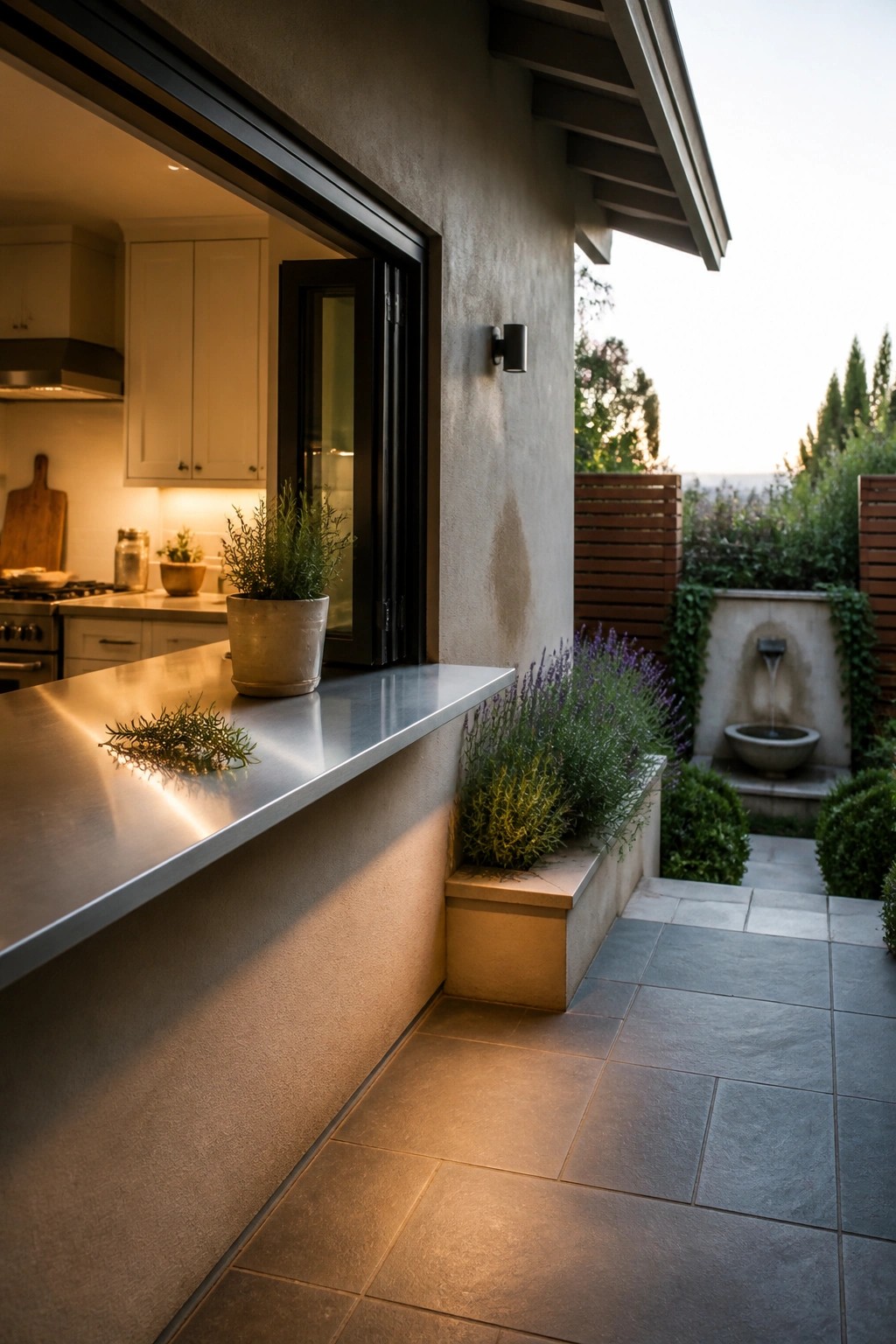 Modern kitchen counter opens to stone patio with lavender plants and fountain at dusk