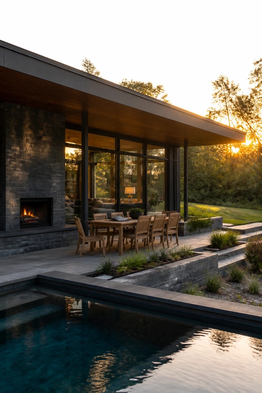 Modern home with stone fireplace, patio dining table, and pool at sunset