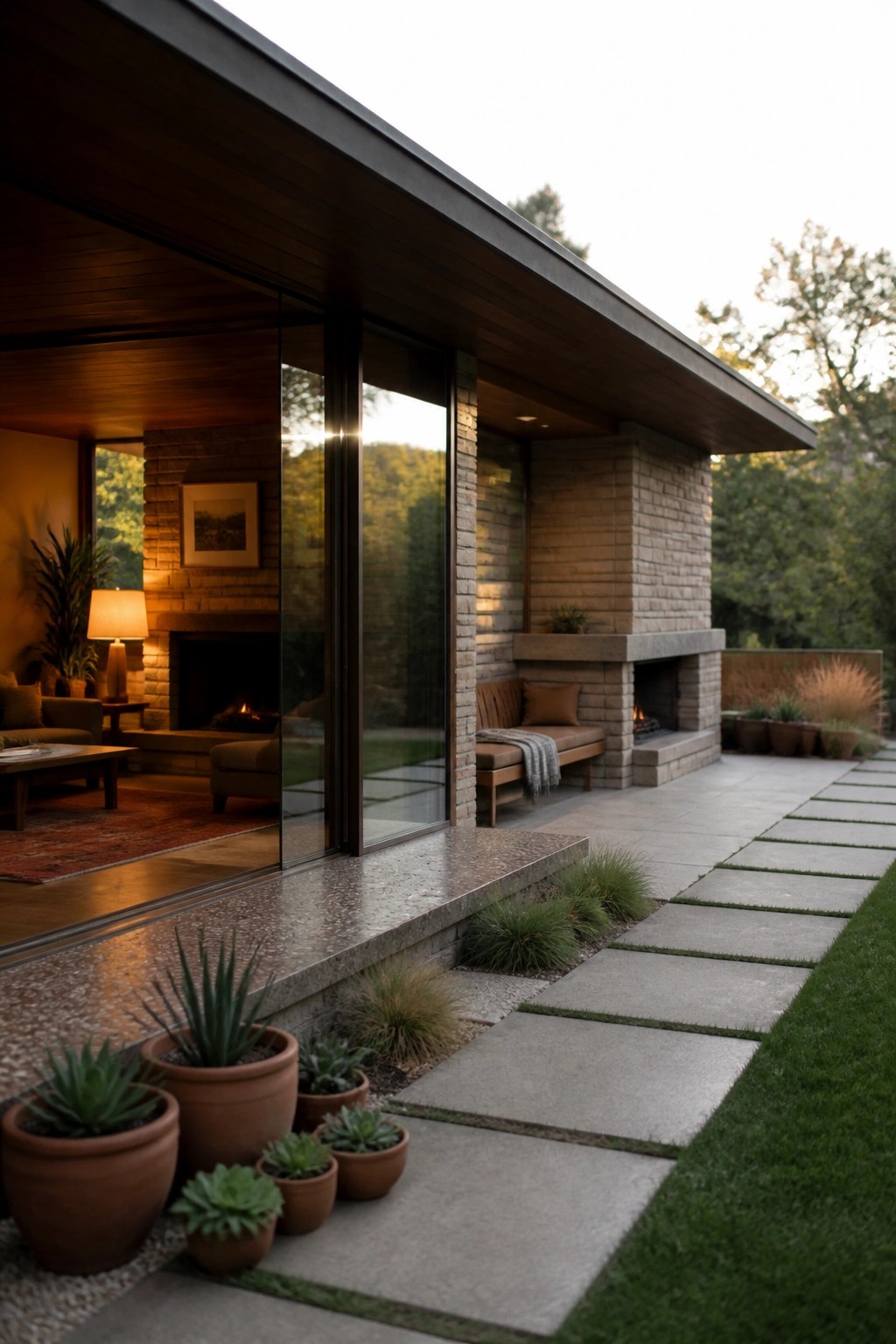 Modern home exterior with large sliding glass doors opening onto a stone patio that includes a built-in fireplace, bench seating, and potted plants along a concrete pathway.