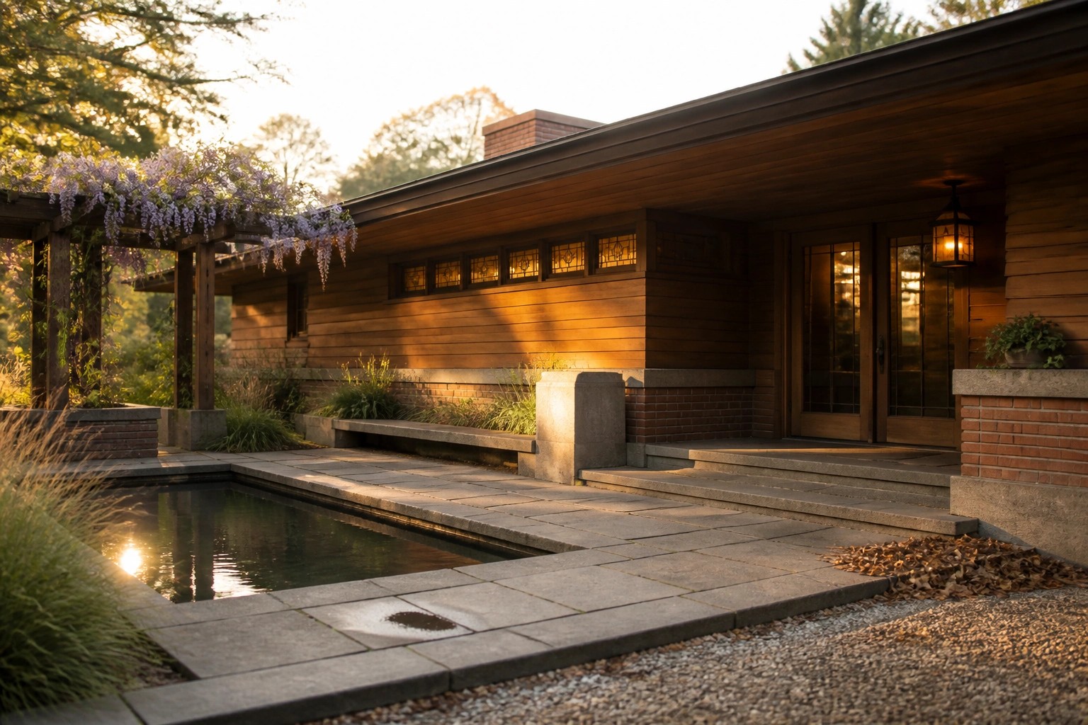A house exterior with wood siding and brick, a built-in concrete bench, and a stone patio next to a reflecting pool.