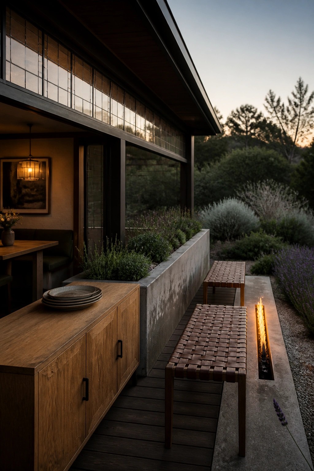 A modern house deck with two woven leather benches, a linear fire pit in concrete, a raised planter with shrubs, and large windows along the building wall.