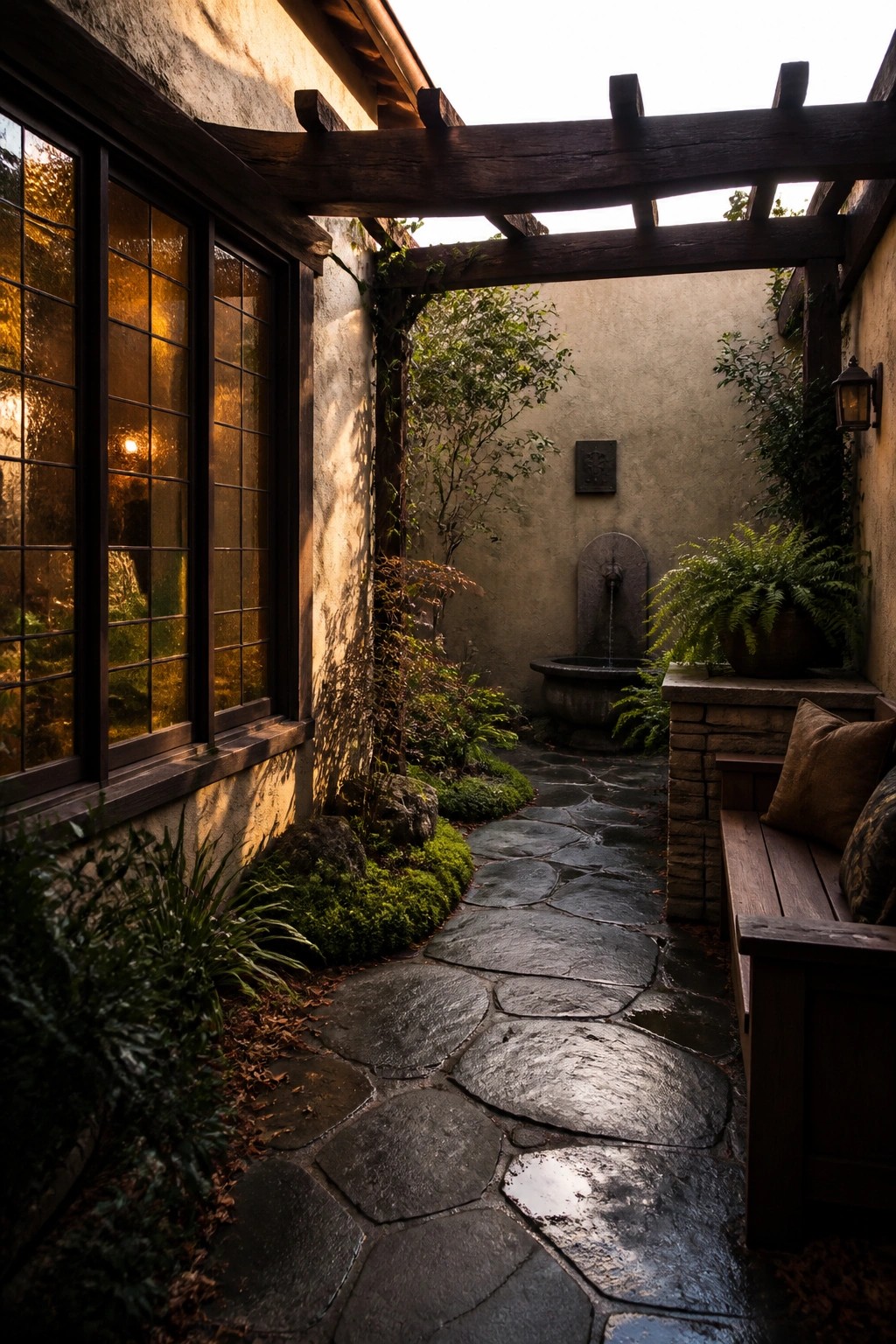 A stone pathway runs under a dark wooden pergola next to a stucco house with large windows, leading toward a stone fountain and wooden bench with cushions in a planted courtyard.