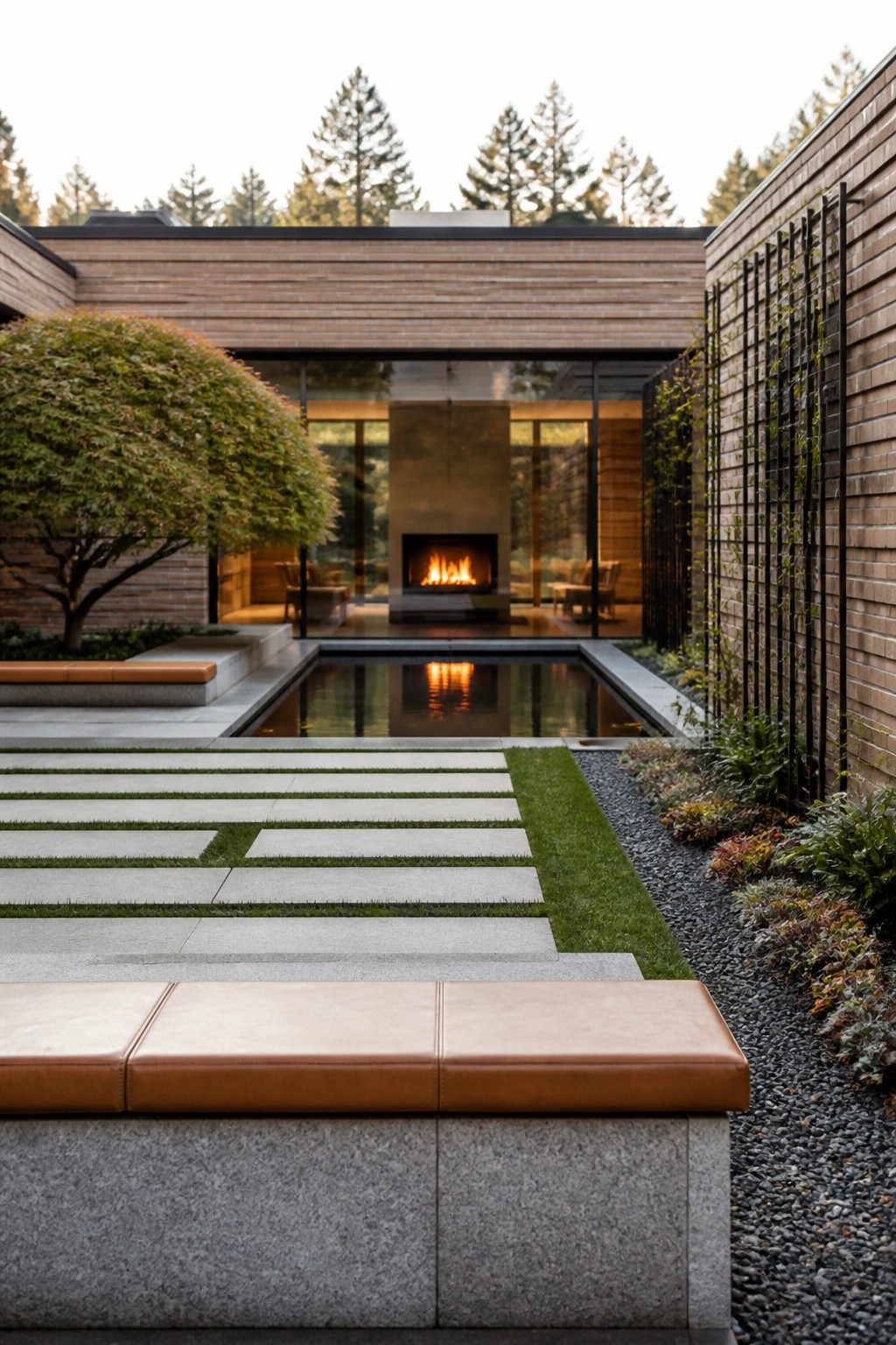 A modern home with a rectangular pool, large glass doors showing an indoor fireplace, a stone stepping path through grass, and a brown leather bench in the foreground.