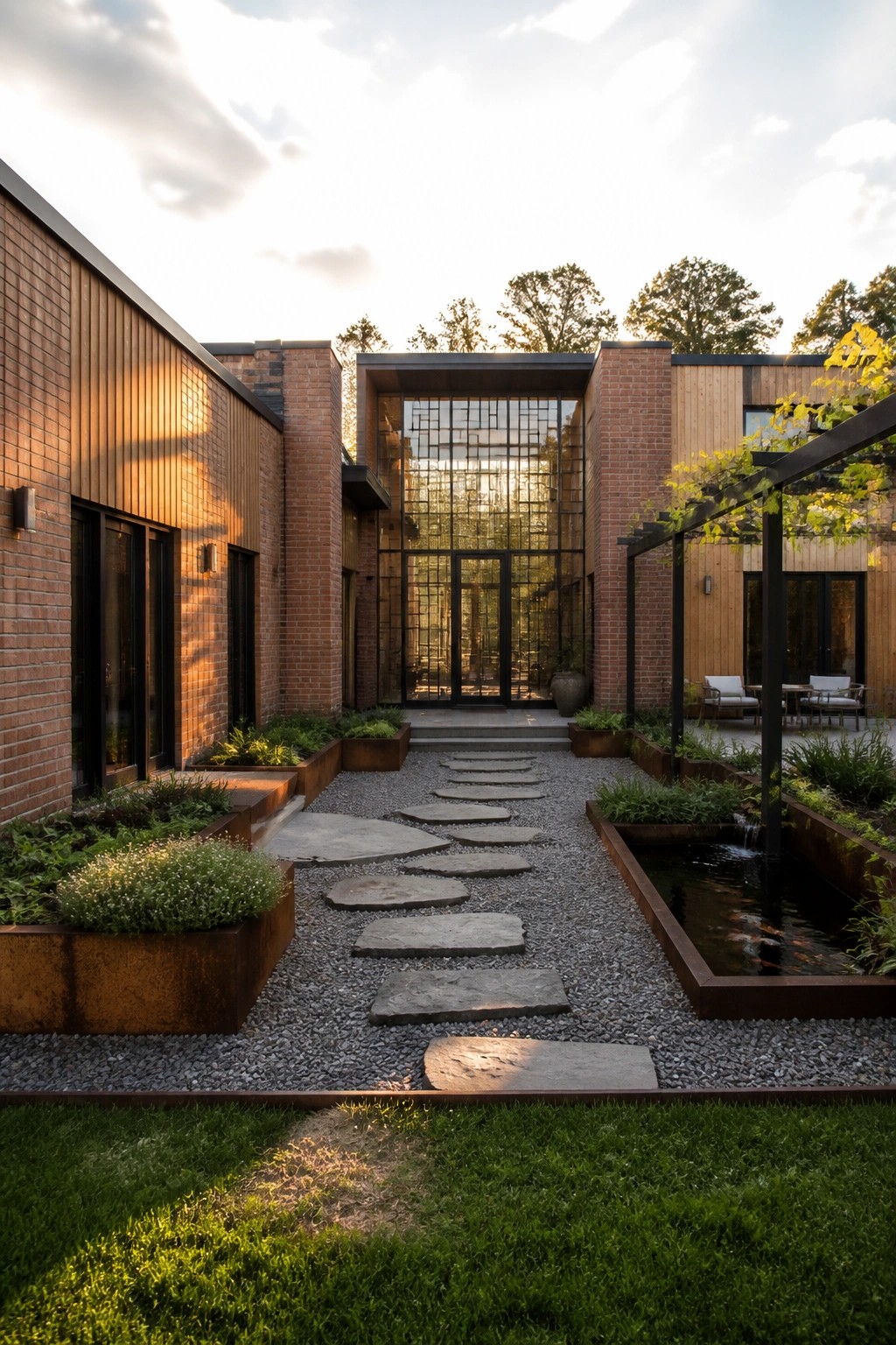 A gravel courtyard path made of irregular stepping stones leads to the large glass entrance of a brick and wood house, with raised metal planters on both sides and a small pond on the right.