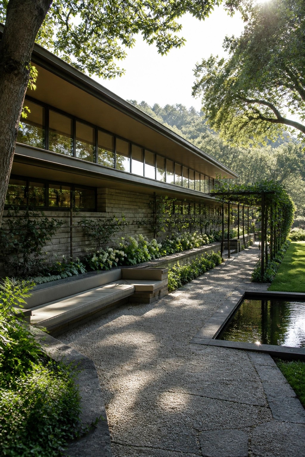 A long low stone house with horizontal windows, a gravel path, built-in bench, and reflecting pool bordered by garden beds and trees.