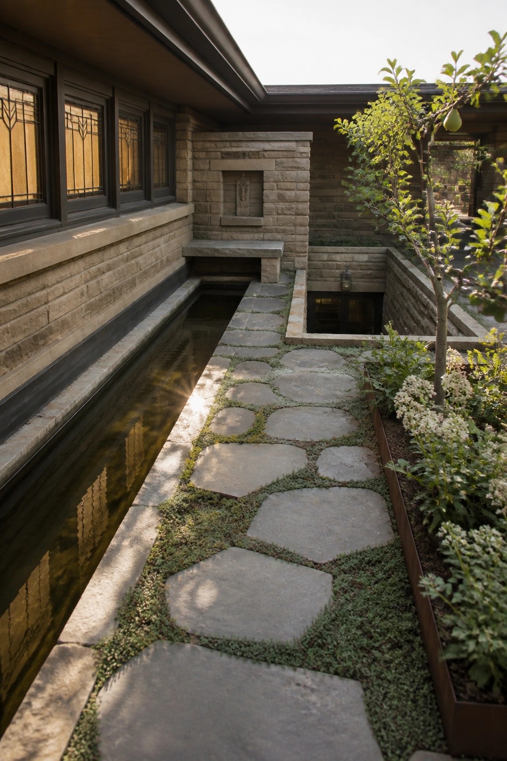 Stone pathway parallels narrow reflecting pool in sunlit stone courtyard garden.