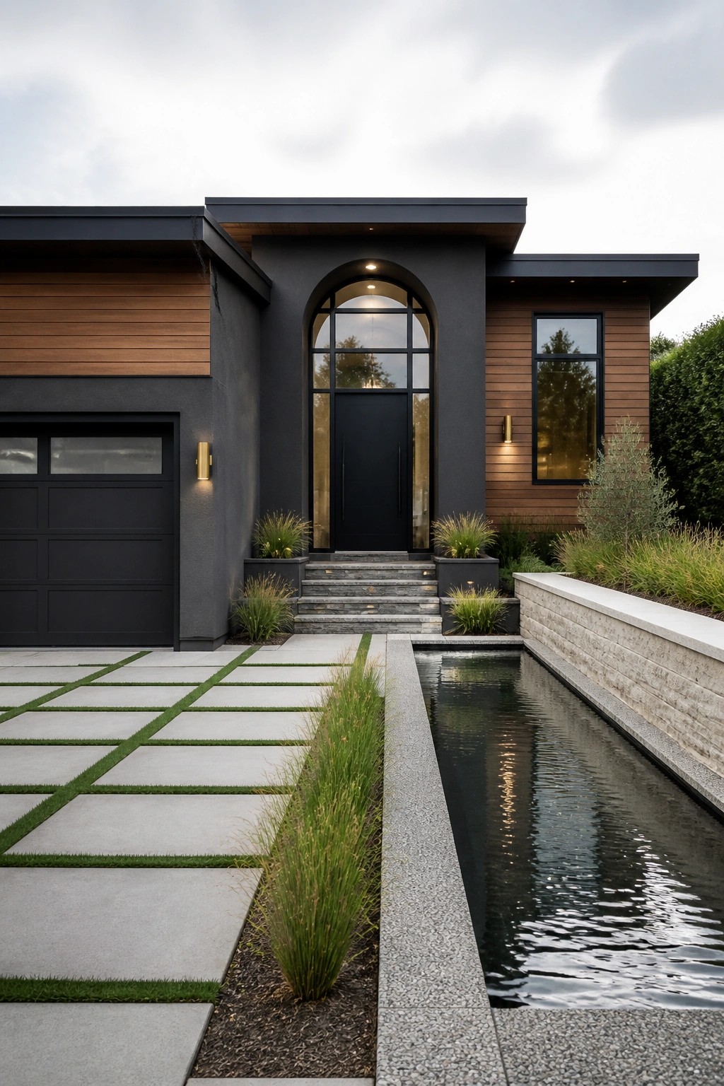 Modern dark gray house with wood siding, a tall arched black entry door, a water feature along the walkway, and a grid-patterned driveway.