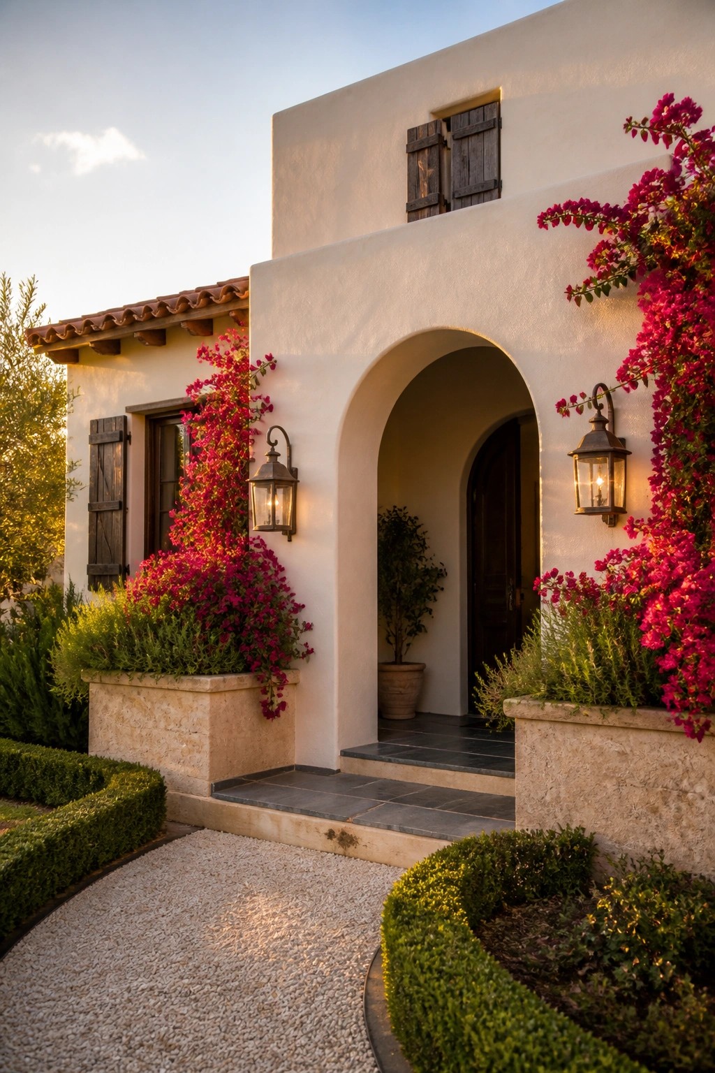A white stucco house exterior featuring a prominent arched doorway, dark wood door, climbing pink bougainvillea, and two wall-mounted lanterns beside stone planters.
