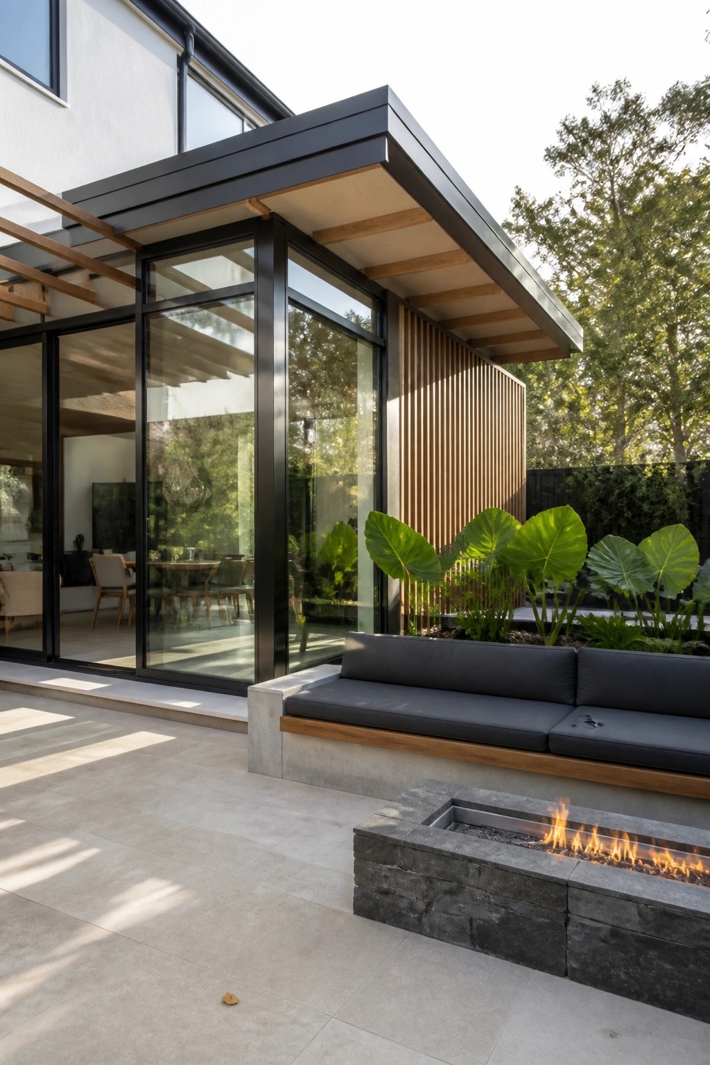 Modern home exterior with large black-framed glass doors opening to a patio that has a built-in cushioned bench, a stone fire pit, and large leafy plants.