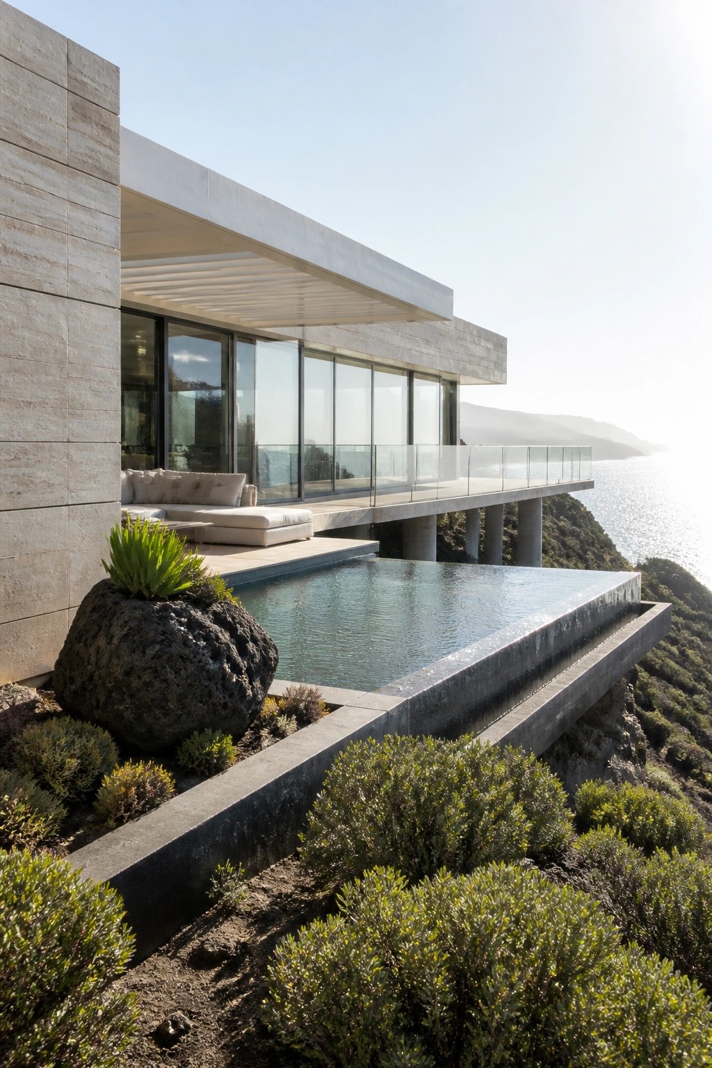 Modern concrete house with a large cantilevered infinity pool, covered terrace, and glass railings overlooking the ocean.