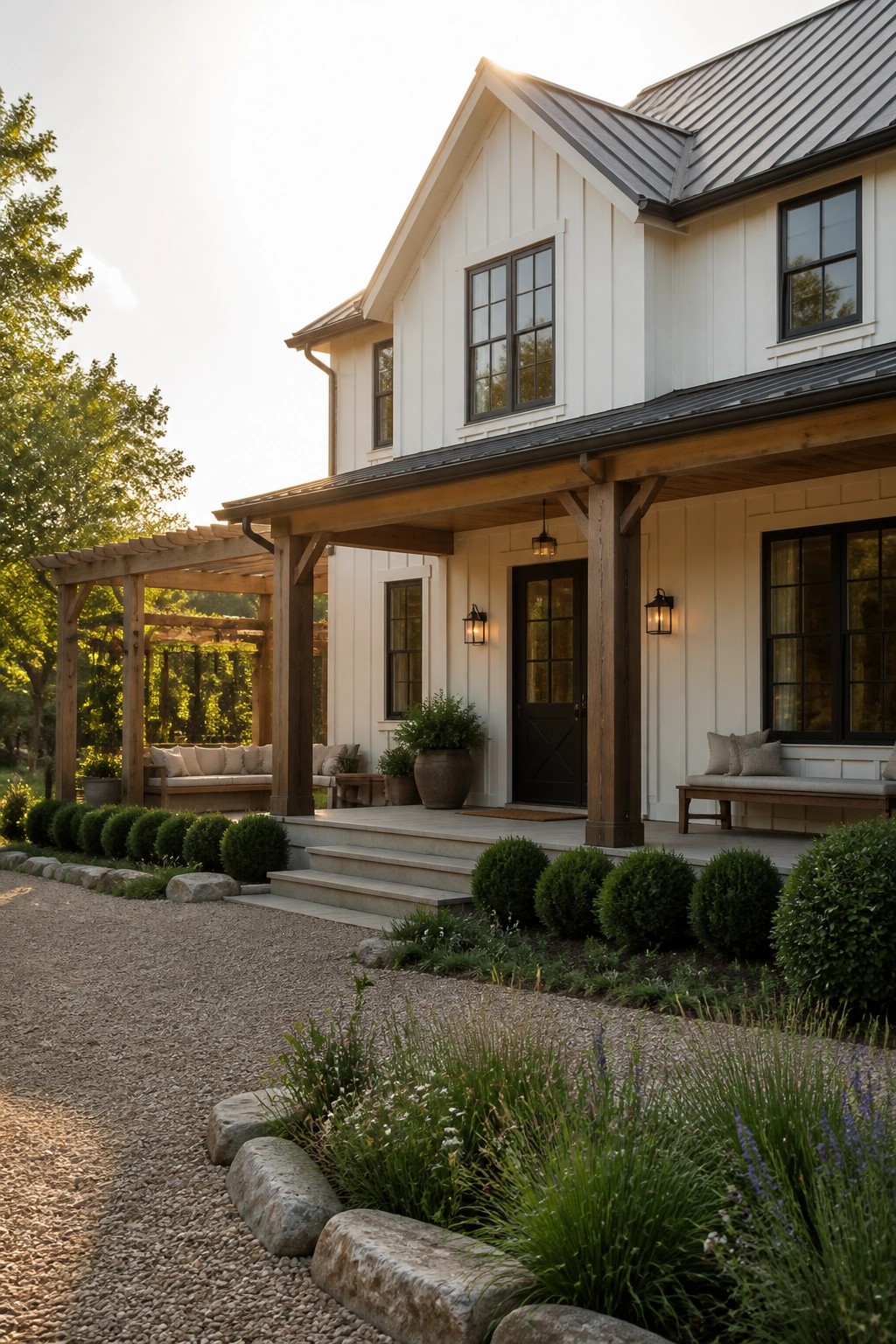 A white two-story house with a dark metal roof, wooden porch beams, black-framed windows and door, and stone steps leading to a gravel driveway with surrounding shrubs.