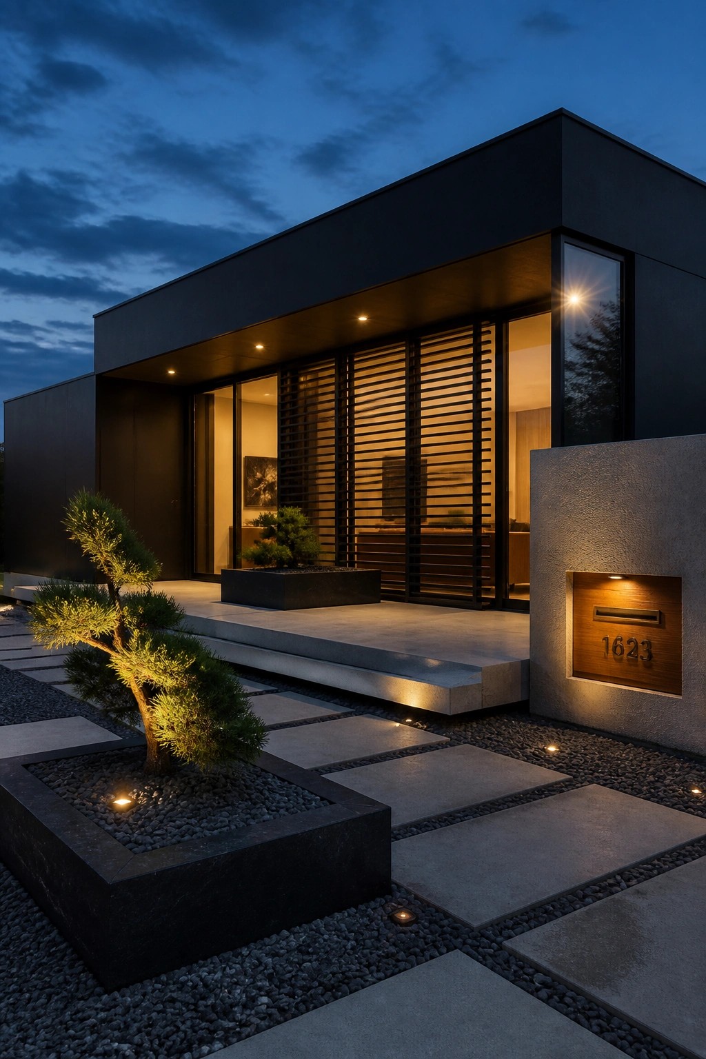 A contemporary black house exterior at dusk featuring large windows with interior lighting, concrete steps, a gravel and paver pathway, and an illuminated wooden house number plaque on a stone wall.