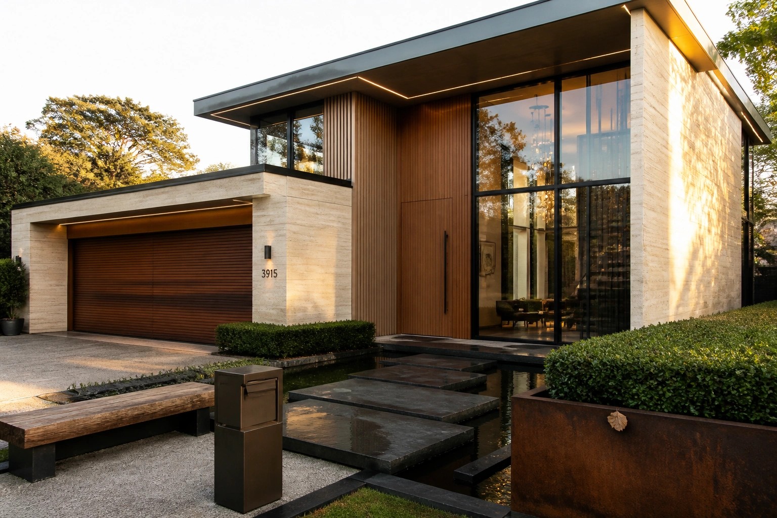 A contemporary house exterior with a wooden front door, vertical wood slats, light stone walls, large windows, and a paved entry path lined with plants and a metal planter.