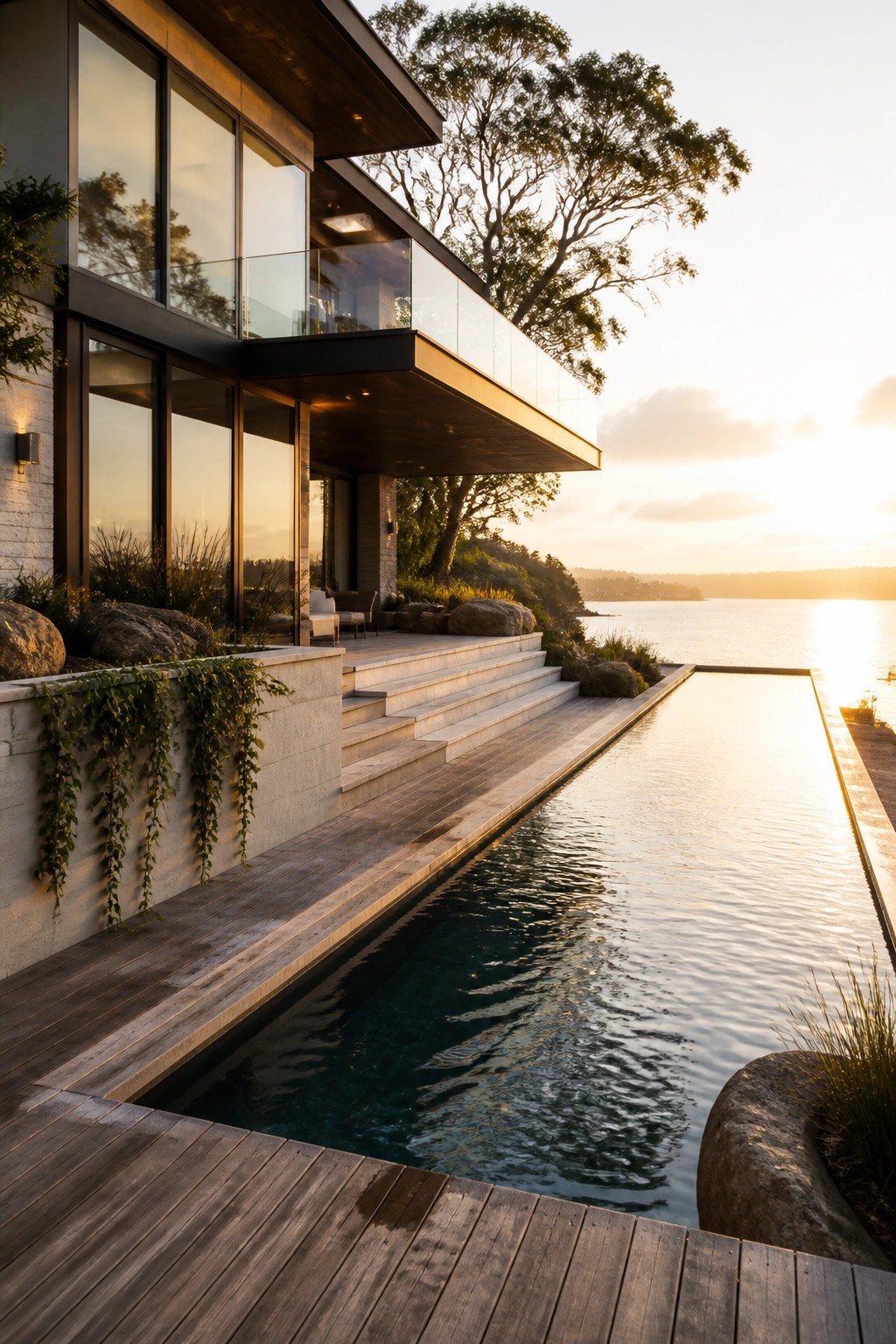 Modern villa with glass walls and infinity pool overlooking sunset over water