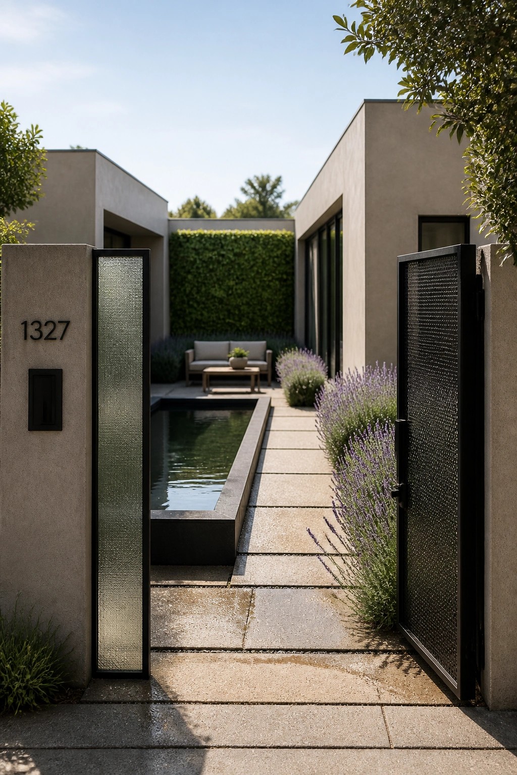 A modern house entrance viewed through an open gate, with a stone path beside a narrow pool, lavender lining the walkway, and outdoor seating visible in the courtyard beyond.