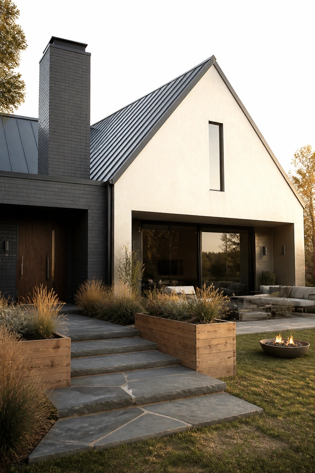 A contemporary house exterior featuring dark brick walls, a light-colored gable end, a dark metal roof, large glass doors, stone steps, and wooden planters beside a lawn with a fire pit.