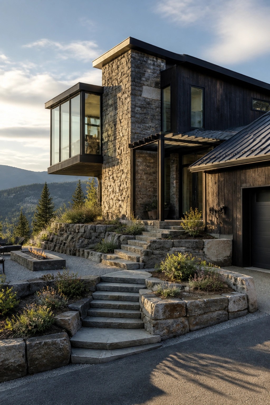 Modern house exterior showing a tall stone wall, dark wood siding, large glass windows, metal roof, and stone steps with landscaping.