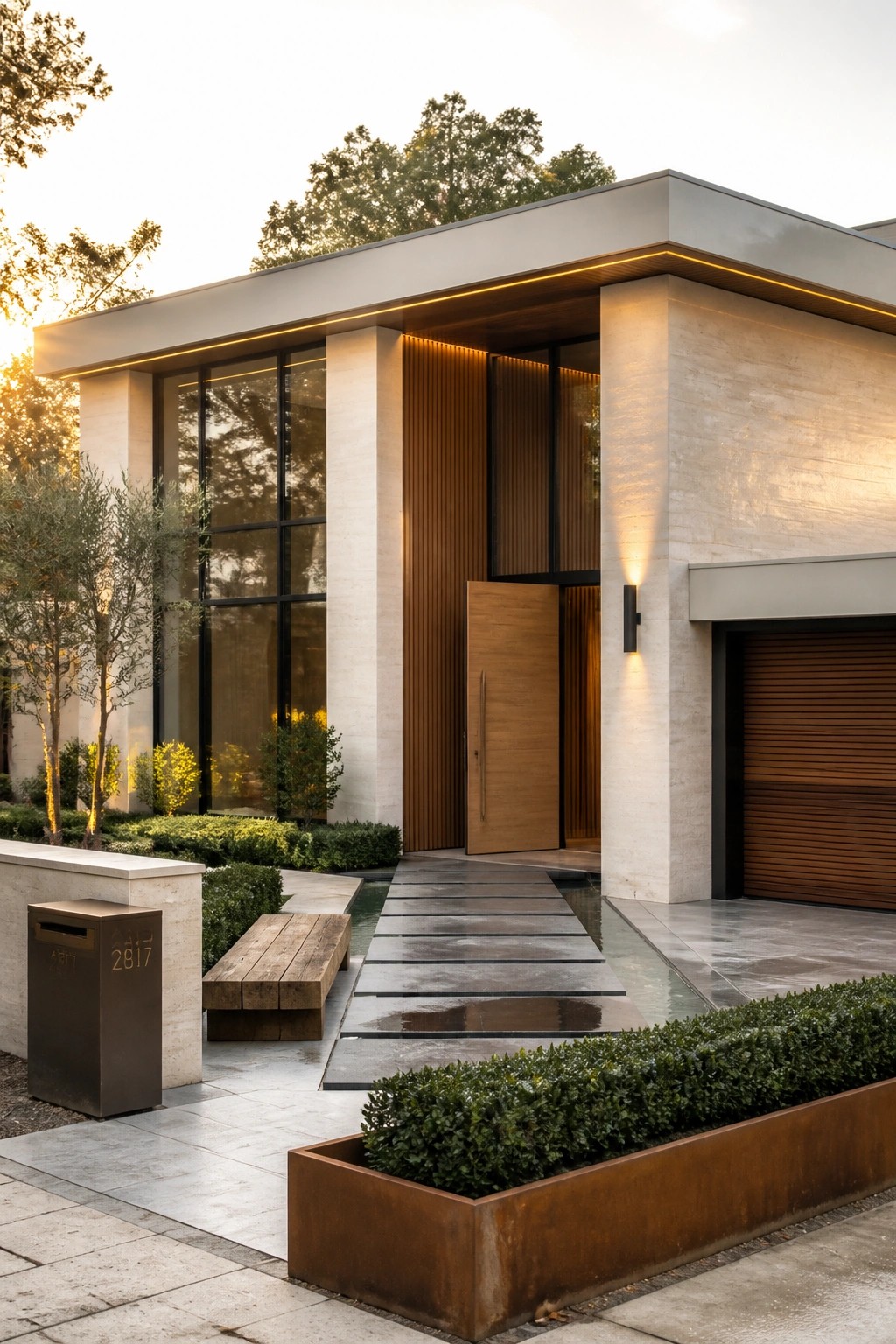 A contemporary house exterior with a wooden front door, vertical wood slats, light stone walls, large windows, and a paved entry path lined with plants and a metal planter.