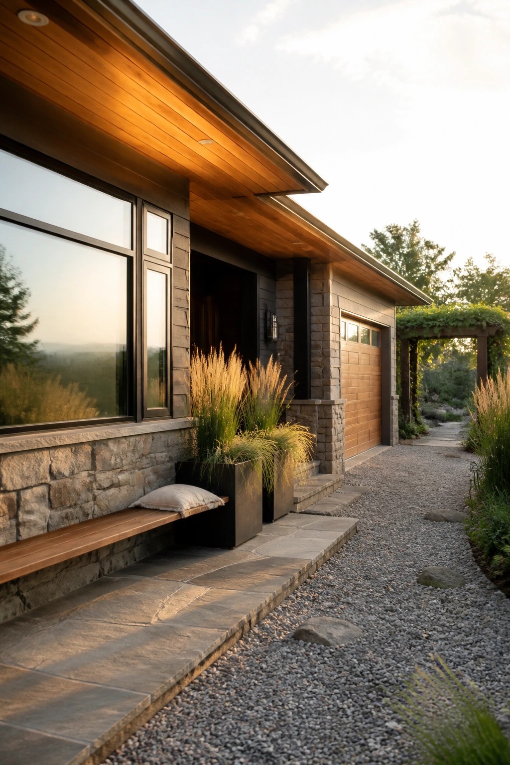 A modern house exterior with a stone base, wood siding and ceiling overhang, large windows, a wooden bench with tall grass planters, and a gravel path beside the garage.