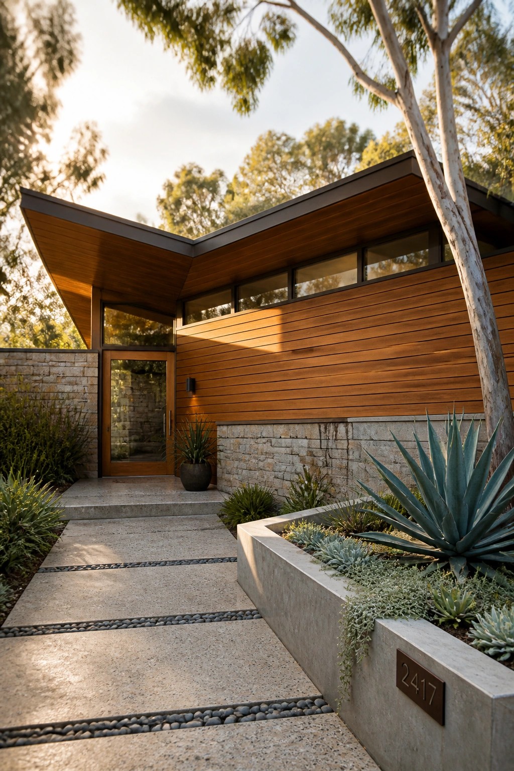 Modern house exterior with horizontal wood siding, stone base, concrete path with pebble strips, and a concrete planter holding succulents.