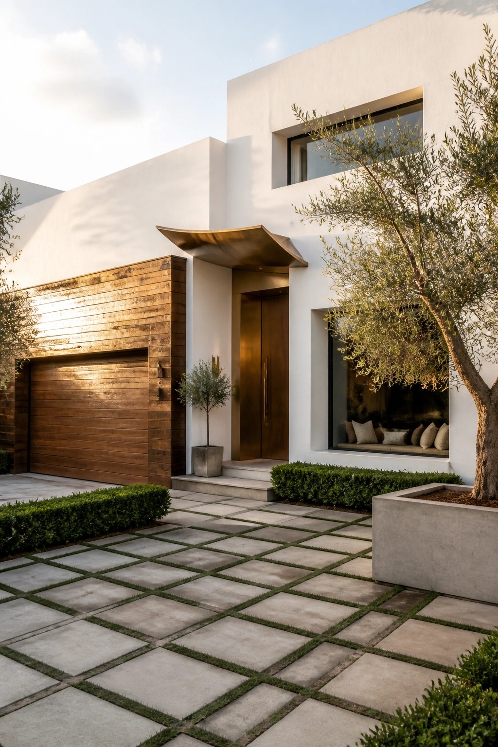 Modern white house with brass doors, wood garage, olive trees, and stone patio