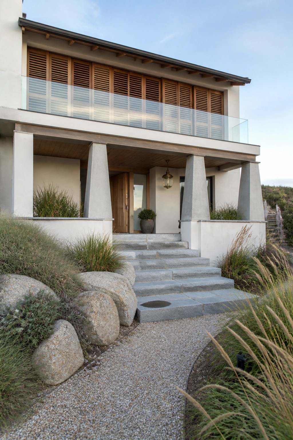 Modern two-story house exterior with large tapered concrete pillars supporting a covered entry, stone steps, wood door, and glass balcony railing above.