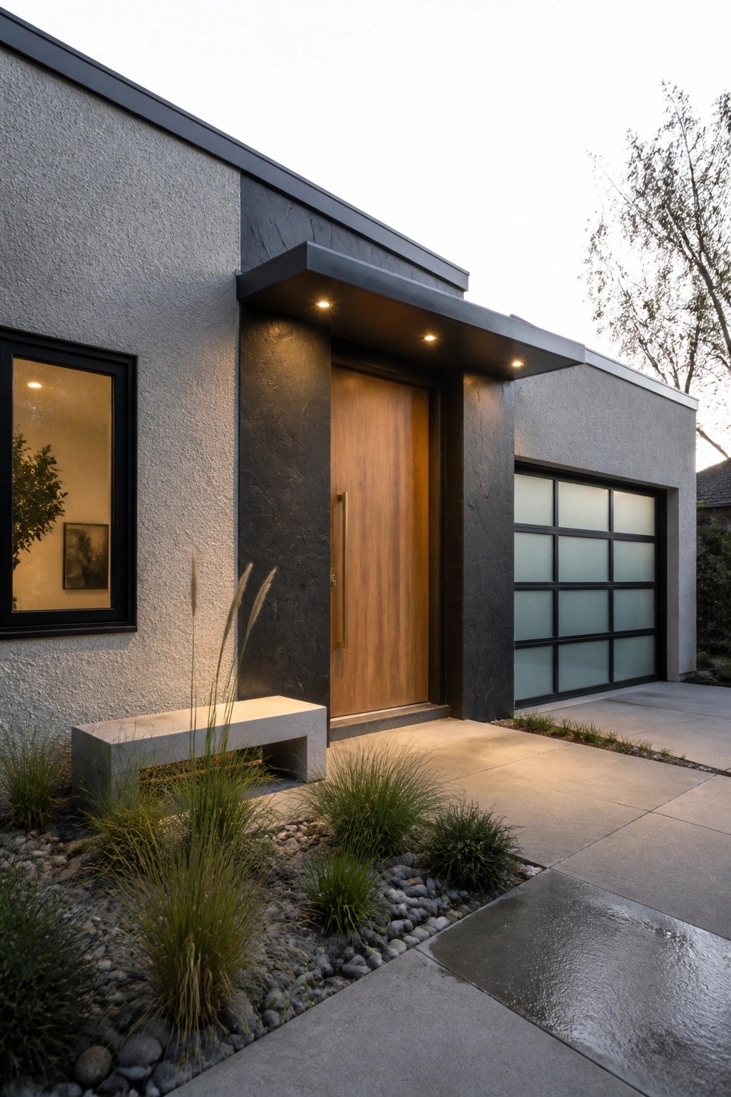 A contemporary house entrance with a tall wooden door set into a dark textured wall under a flat overhang with recessed lights, beside a large window and a modern garage door.