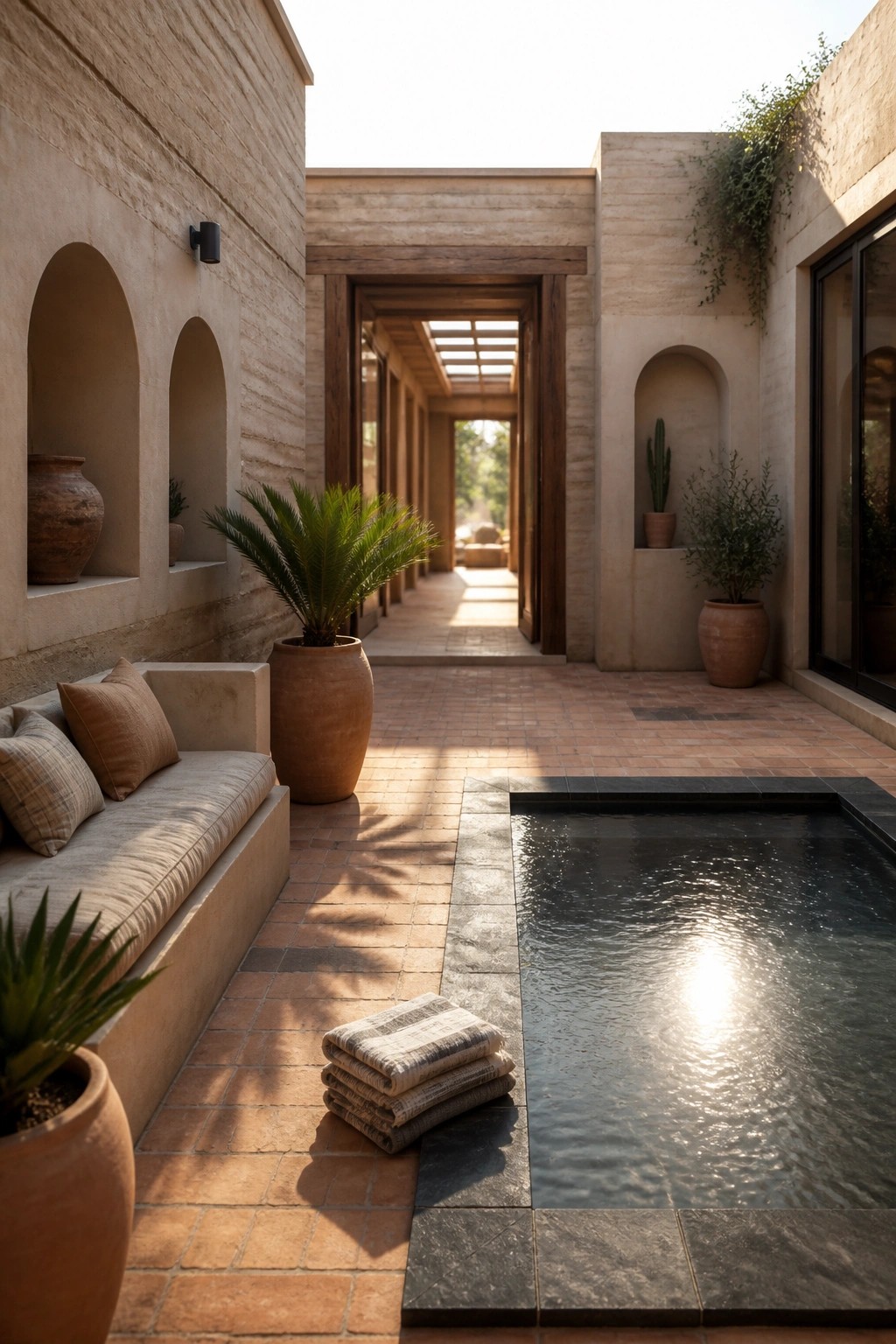 Outdoor courtyard with rammed earth walls featuring arched niches, a built-in bench with cushions, potted plants, and a small pool on a brick patio.