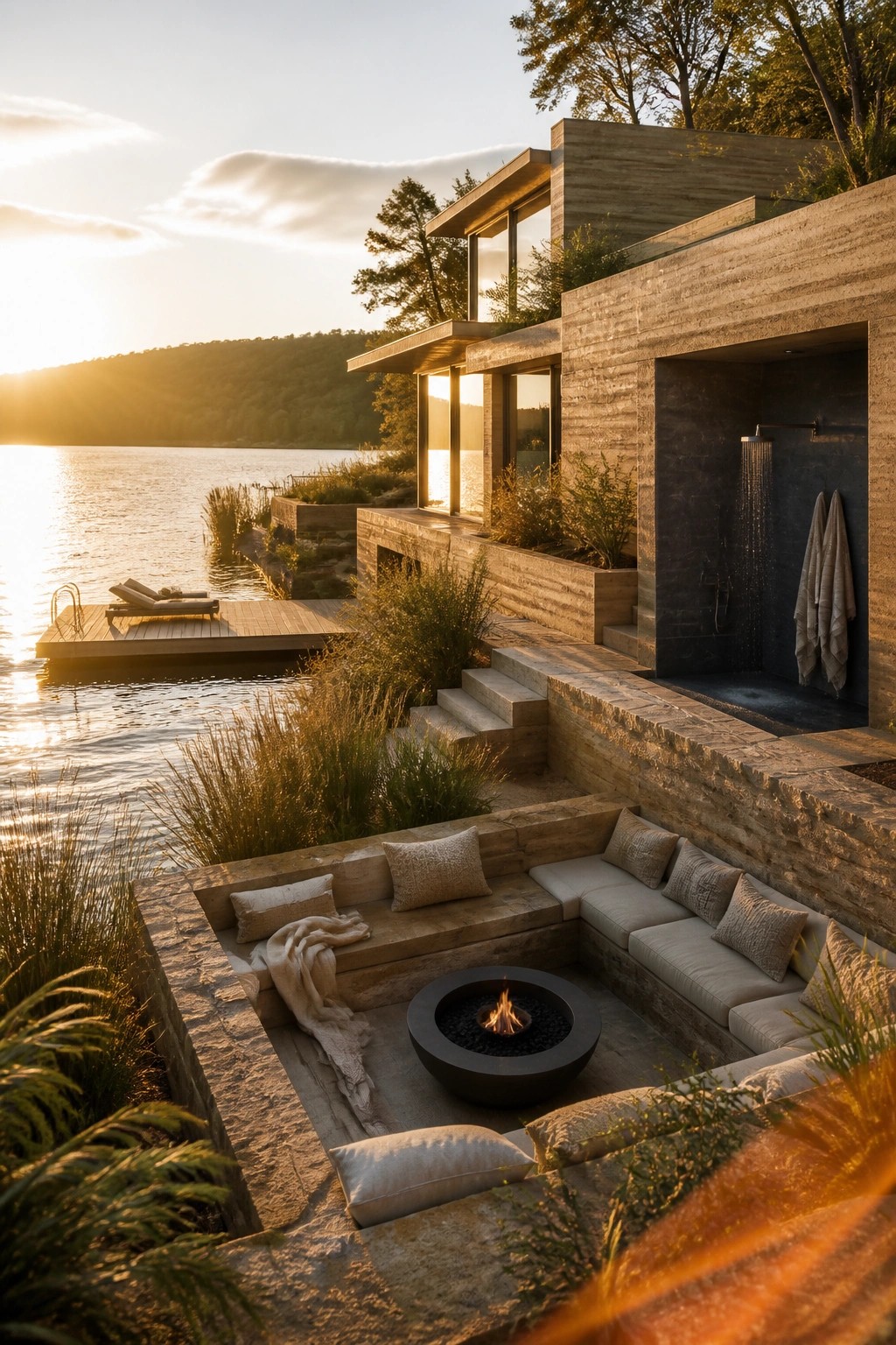A modern rammed earth home with an outdoor stone seating area built around a central fire pit, overlooking a lake at sunset.