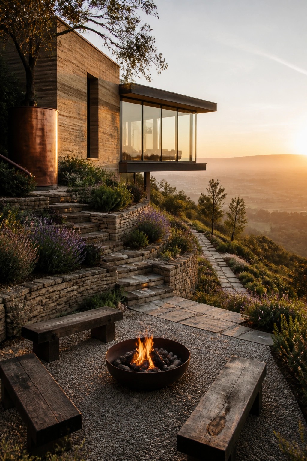A modern rammed earth house with a cantilevered glass room overlooks a hillside at sunset, featuring a gravel patio with a round metal fire pit surrounded by three rustic wooden benches, stone retaining walls, and winding stone paths.