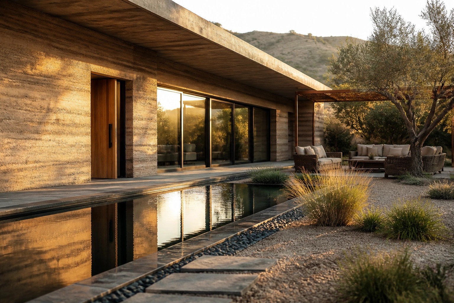 Modern concrete villa with glass windows, olive tree, patio, and long pool