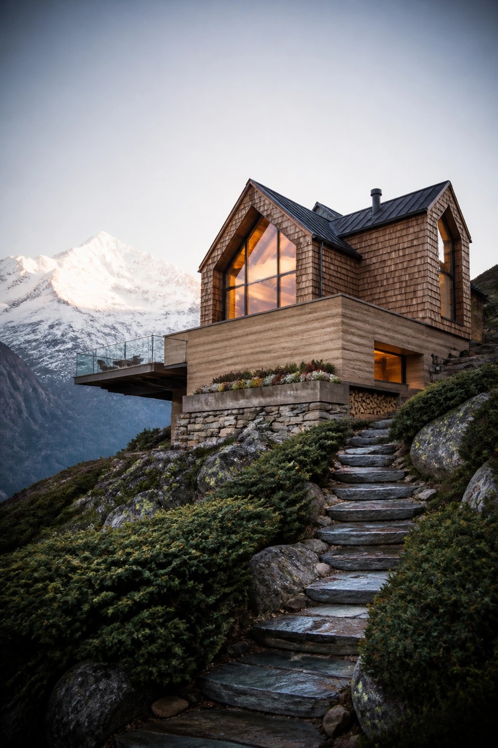 A hillside home with layered rammed earth walls on the lower level and wood shingle siding above, accessed by stone steps with mountains in the background.
