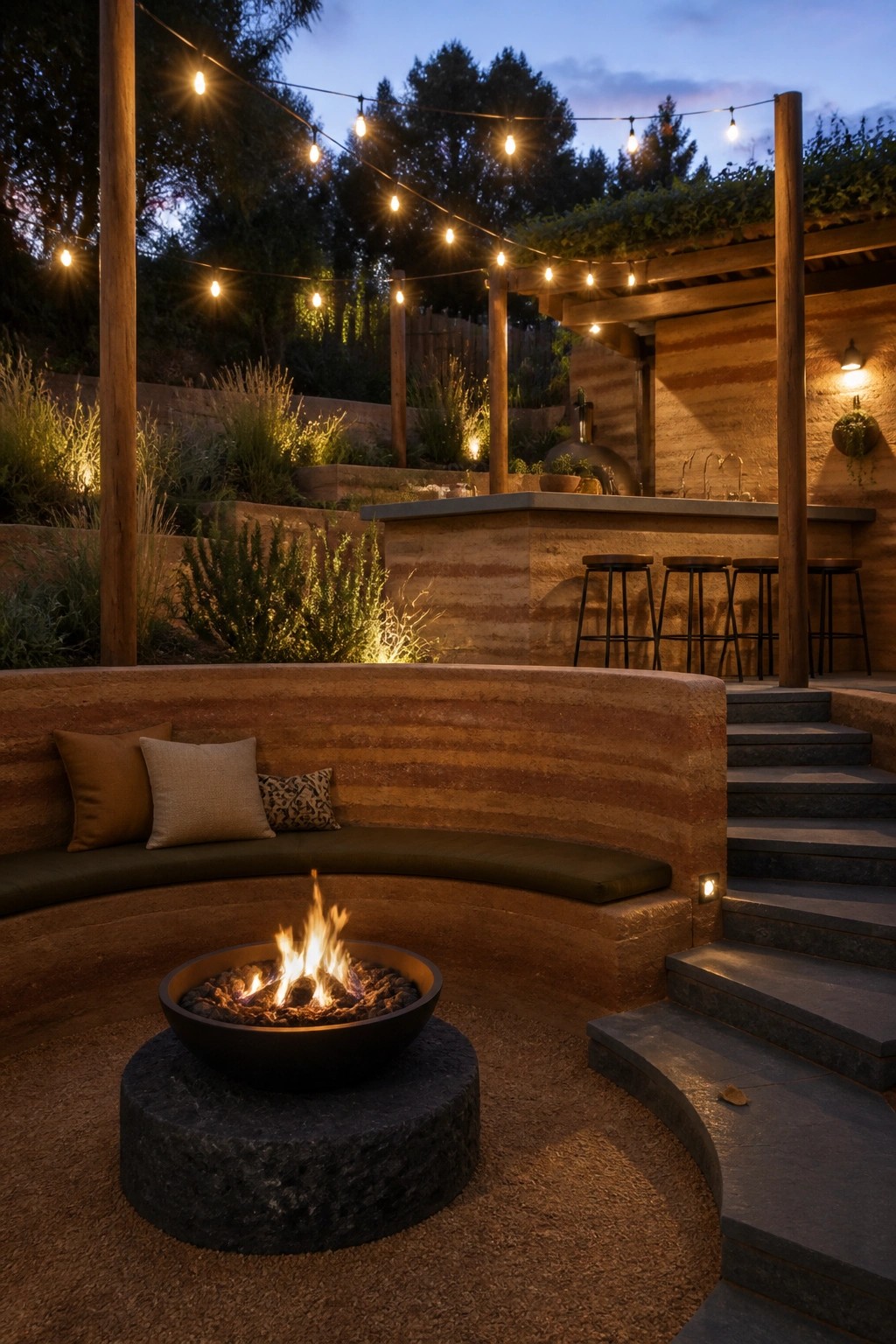 A curved rammed earth bench with cushions surrounds a fire pit, with an outdoor bar area and string lights visible in the background.