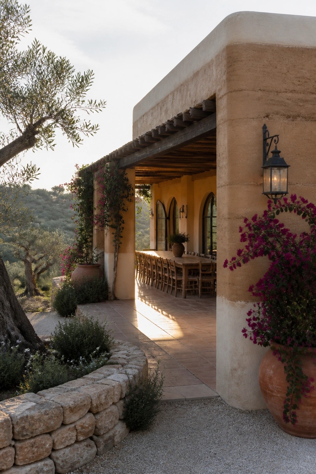 A covered outdoor dining patio with a long wooden table, terracotta pots with flowering plants, and thick rammed earth walls next to a gravel path.