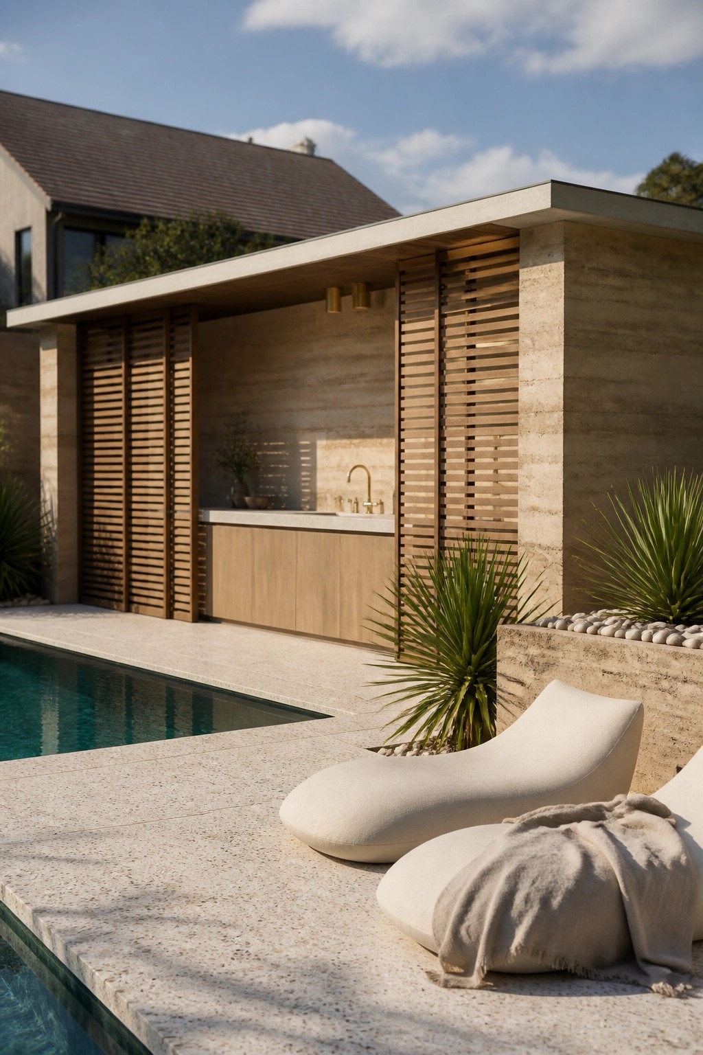 Outdoor poolside area featuring rammed earth walls, wooden privacy screens, a built-in kitchen counter, and curved lounge chairs on a stone deck.