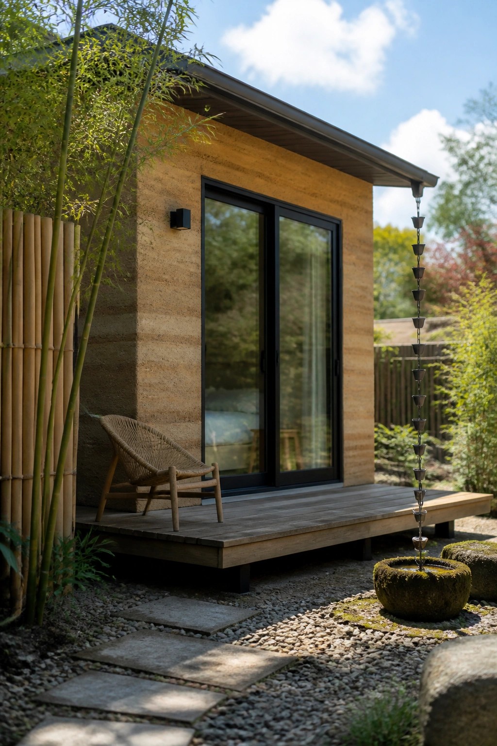 A modern single-story home with rammed earth walls, black-framed sliding glass doors, a wooden deck, and a woven chair, surrounded by bamboo and a metal rain chain draining into a stone basin.