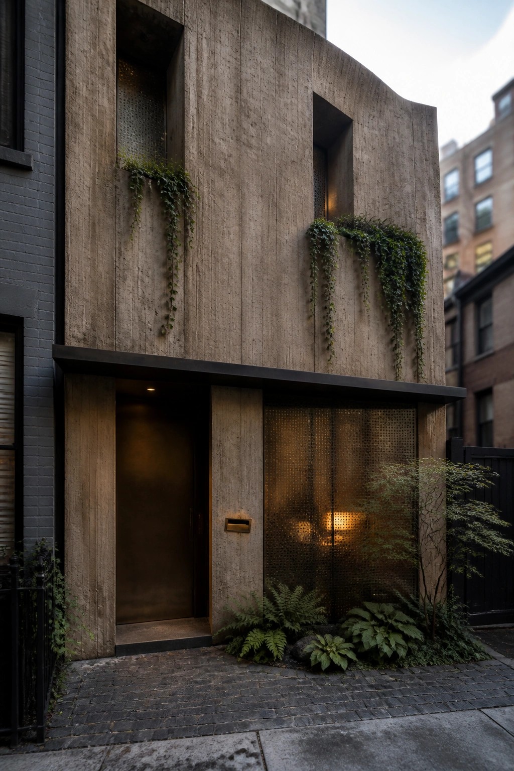 A rammed earth house facade featuring a dark metal door, recessed openings with hanging plants, and a cobblestone entrance area.