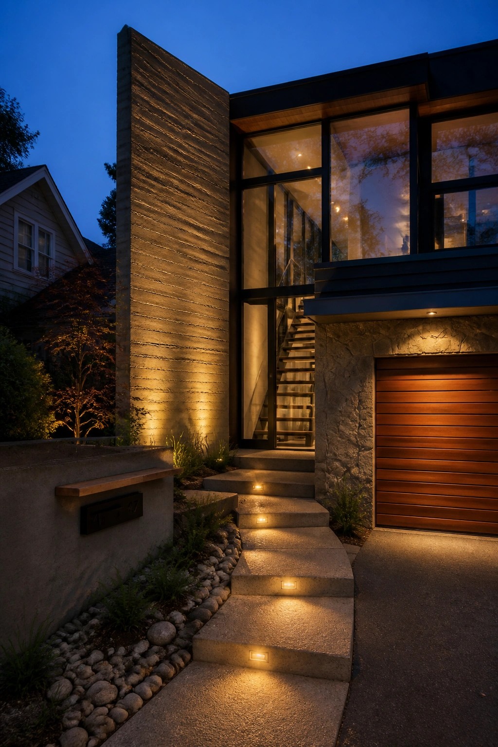 A modern house exterior at dusk with a tall illuminated rammed earth wall, concrete steps with recessed lights, a stone base, and a wooden garage door.