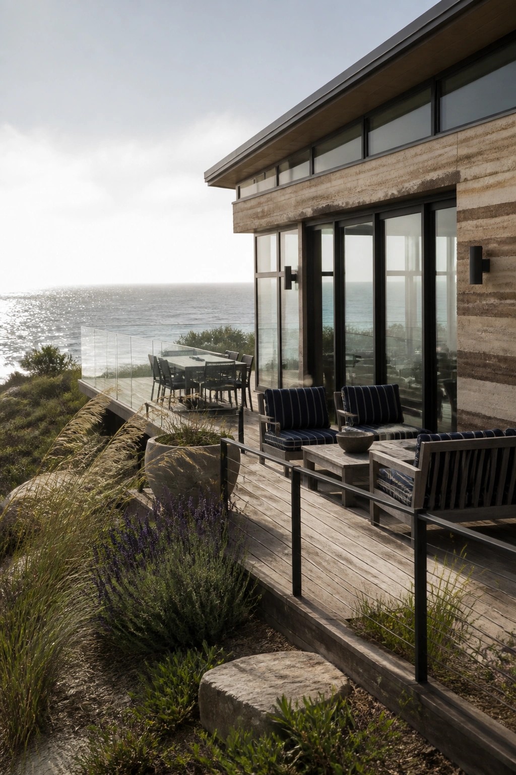 A wooden deck with striped outdoor chairs and tables sits beside a rammed earth wall with large glass doors, overlooking the ocean.